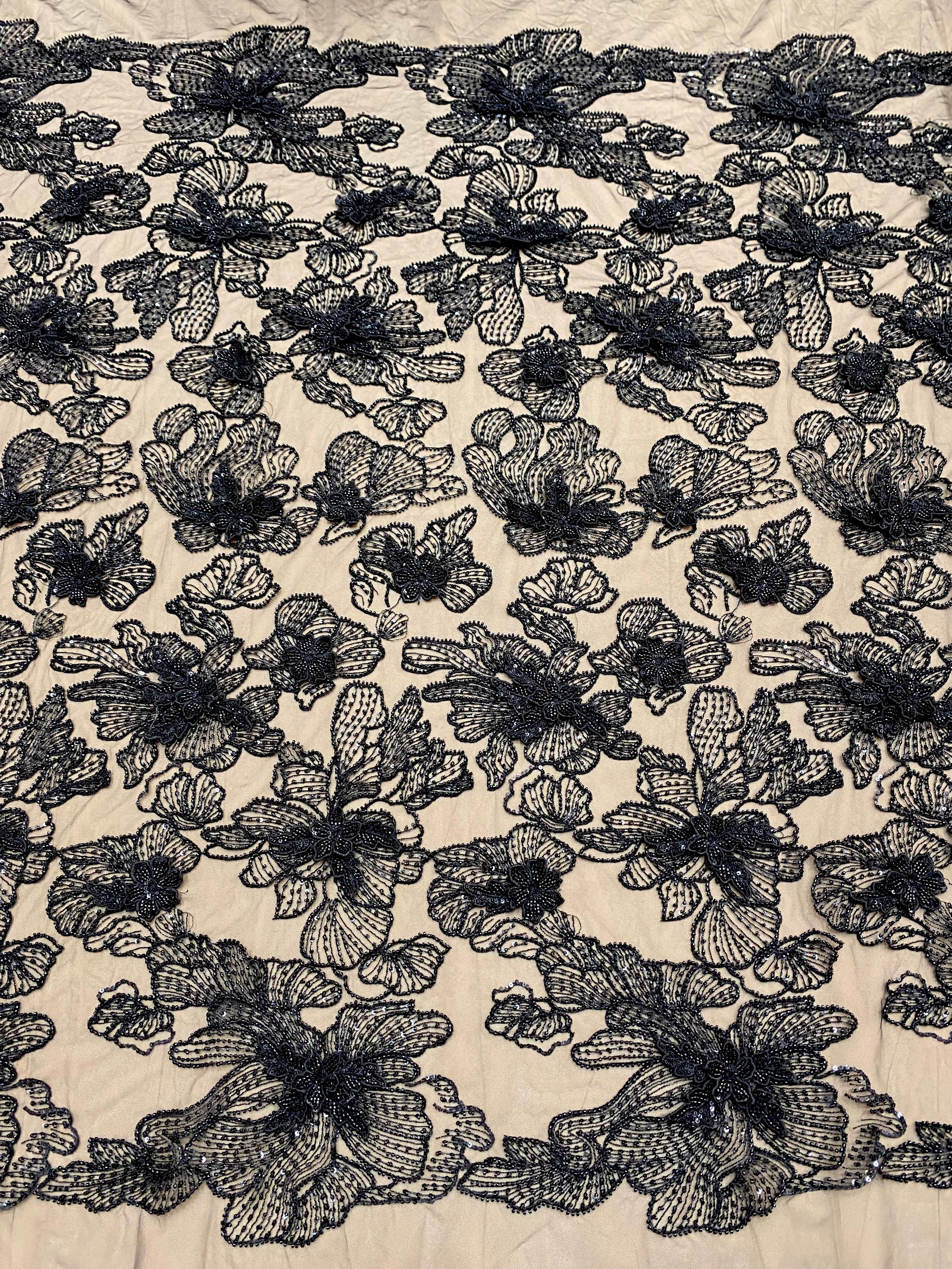 Dantela Couture 3D cu Flori Neagra cu Margele si Paiete