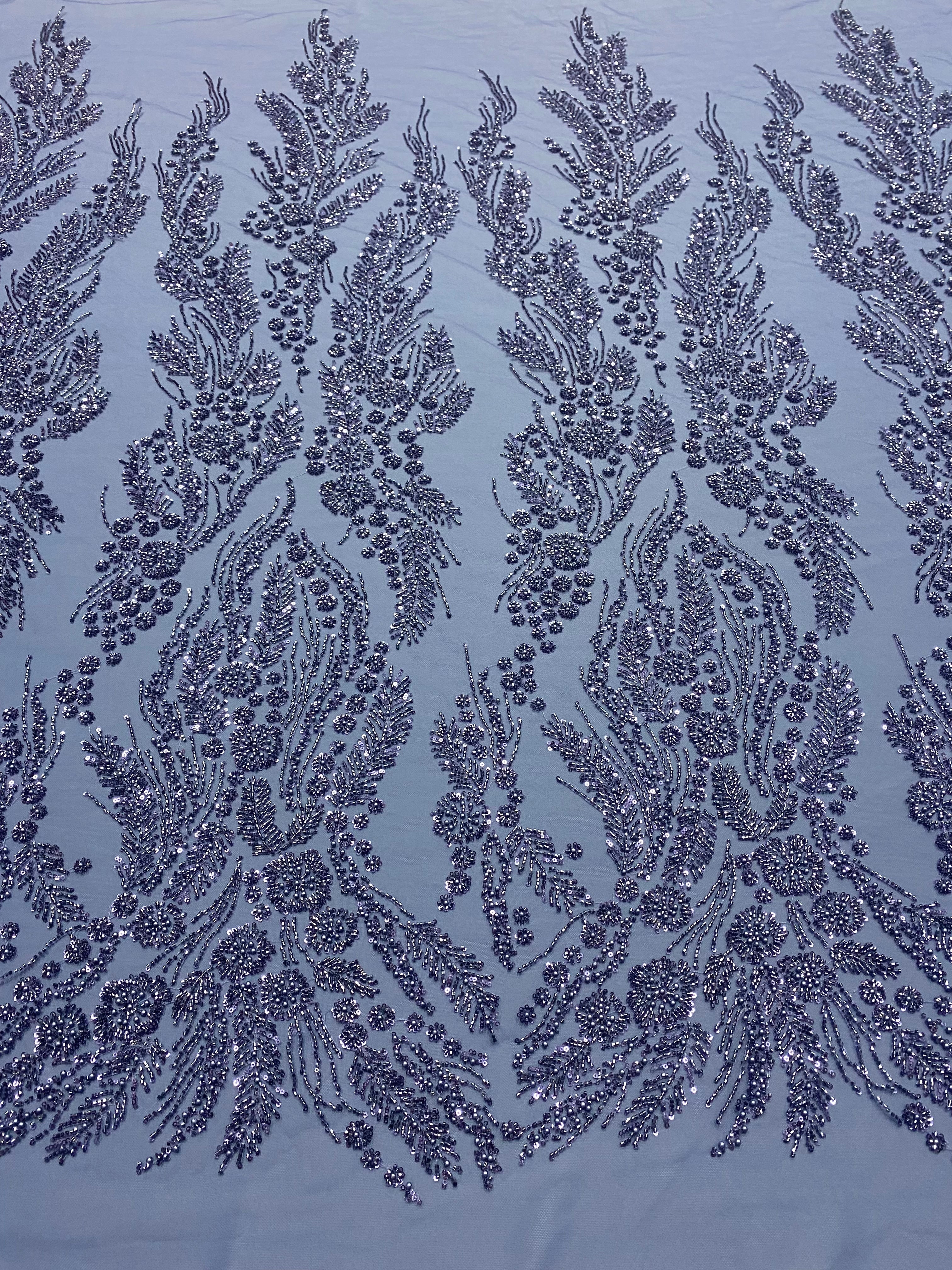 Dantela Couture Albastru Prafuit cu Model Floral, Perle, Margele si Paiete