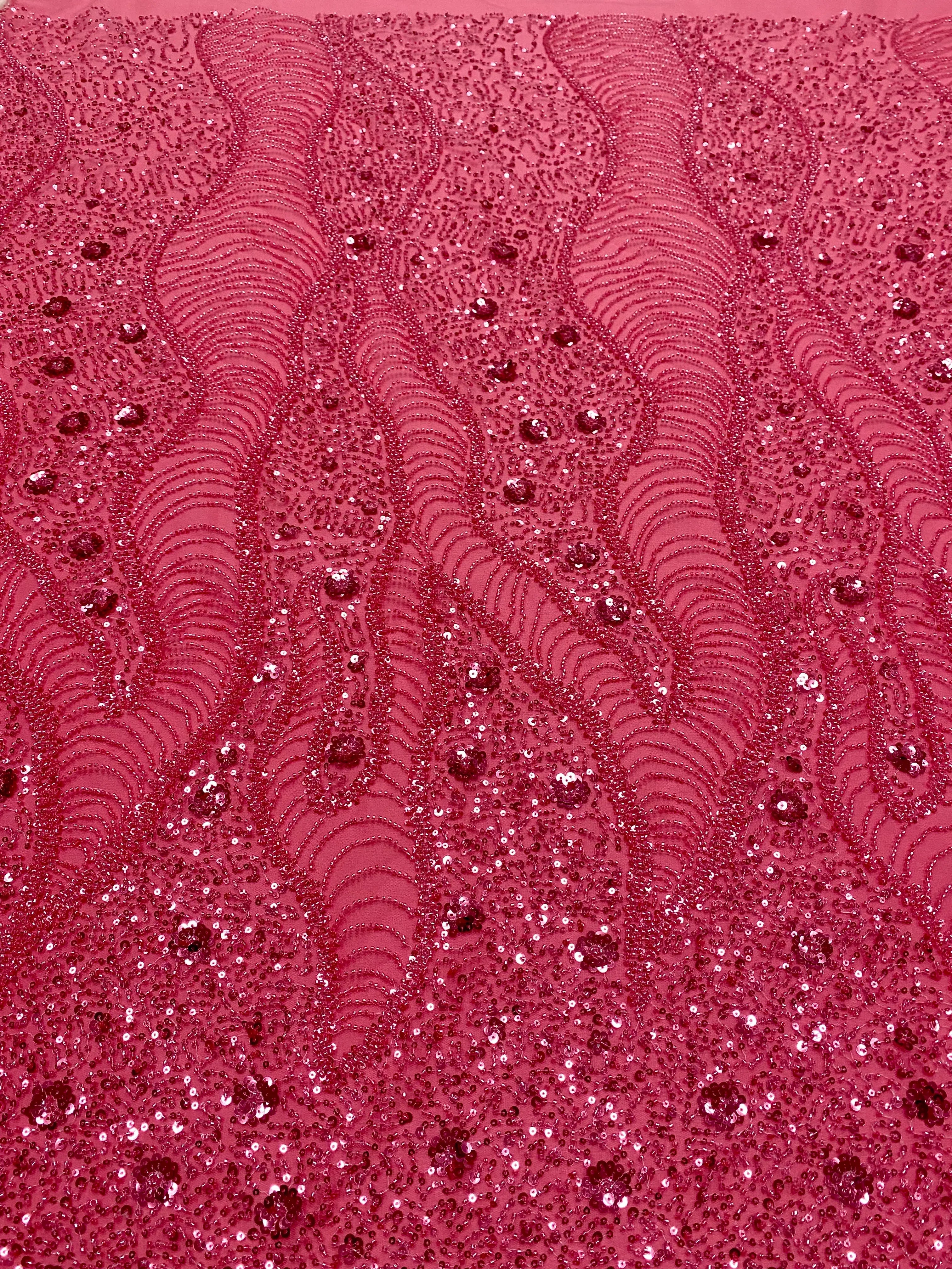 Dantela Couture Roz Coral cu Model Geometric si Flori, cu Margele si Paiete