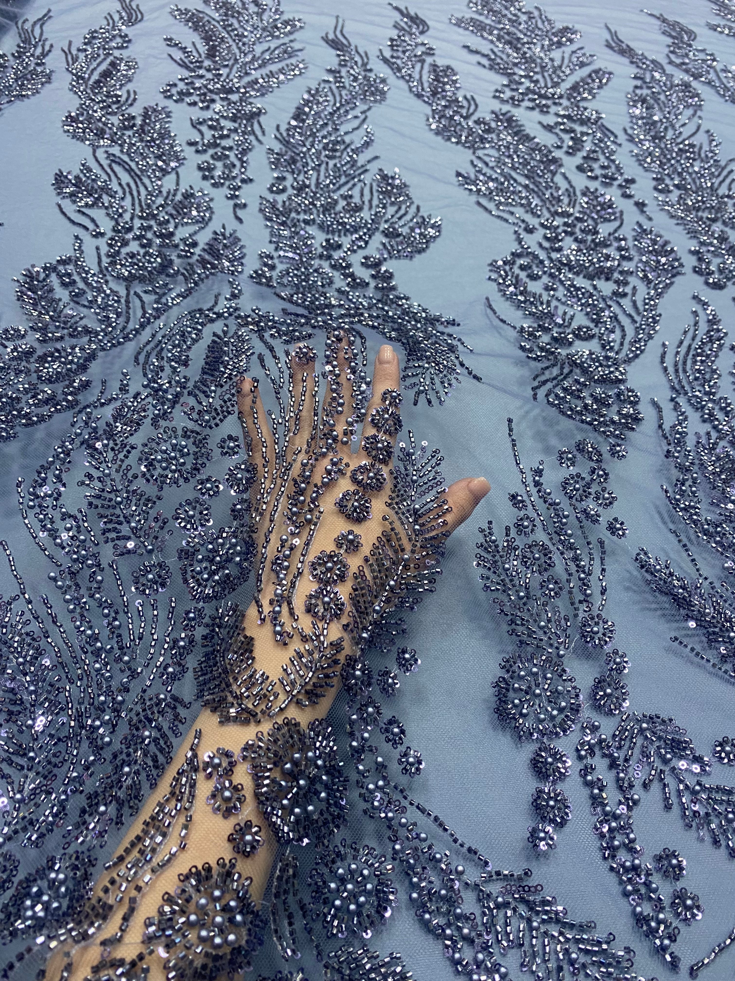 Dantela Couture Albastru Prafuit cu Model Floral, Perle, Margele si Paiete