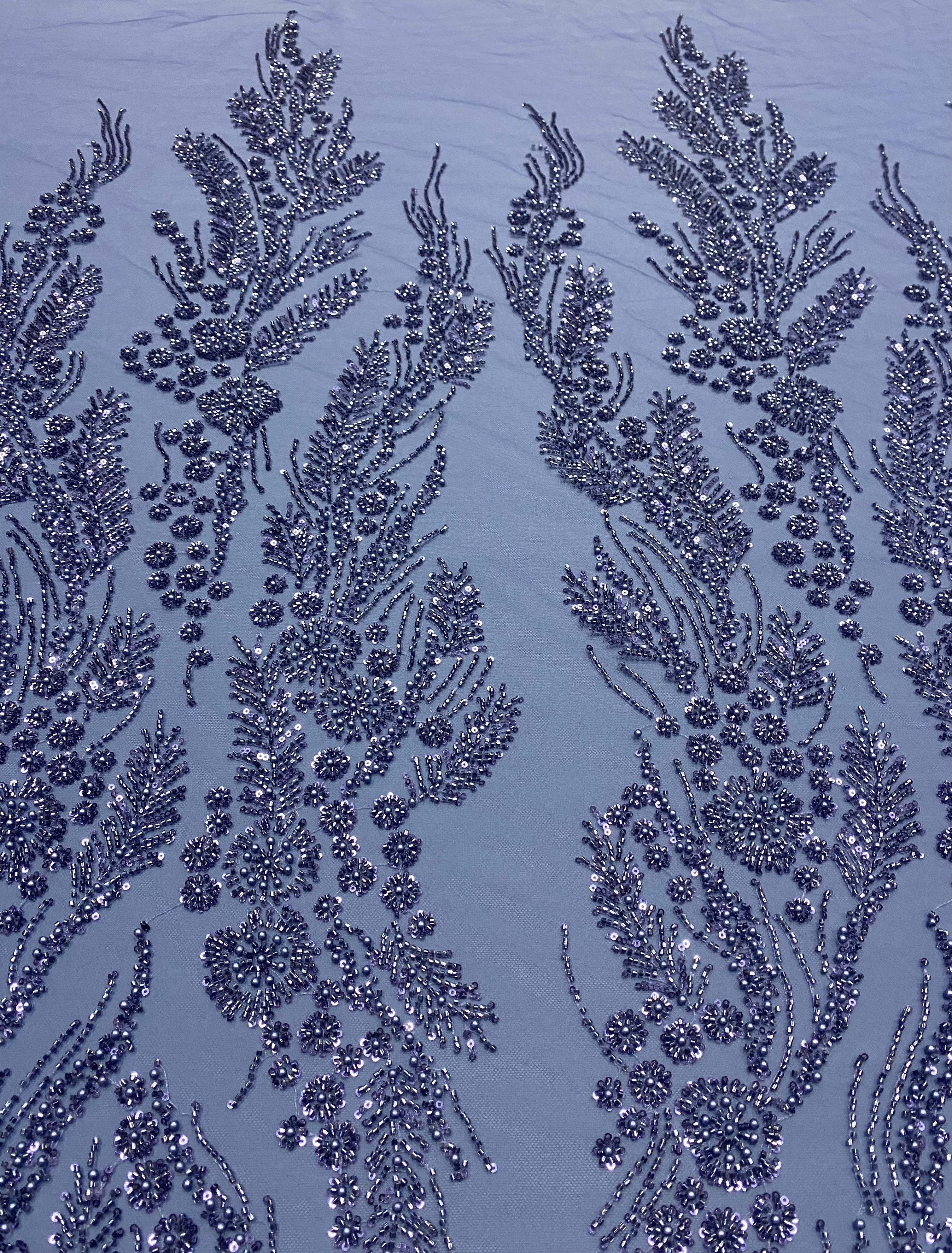 Dantela Couture Albastru Prafuit cu Model Floral, Perle, Margele si Paiete