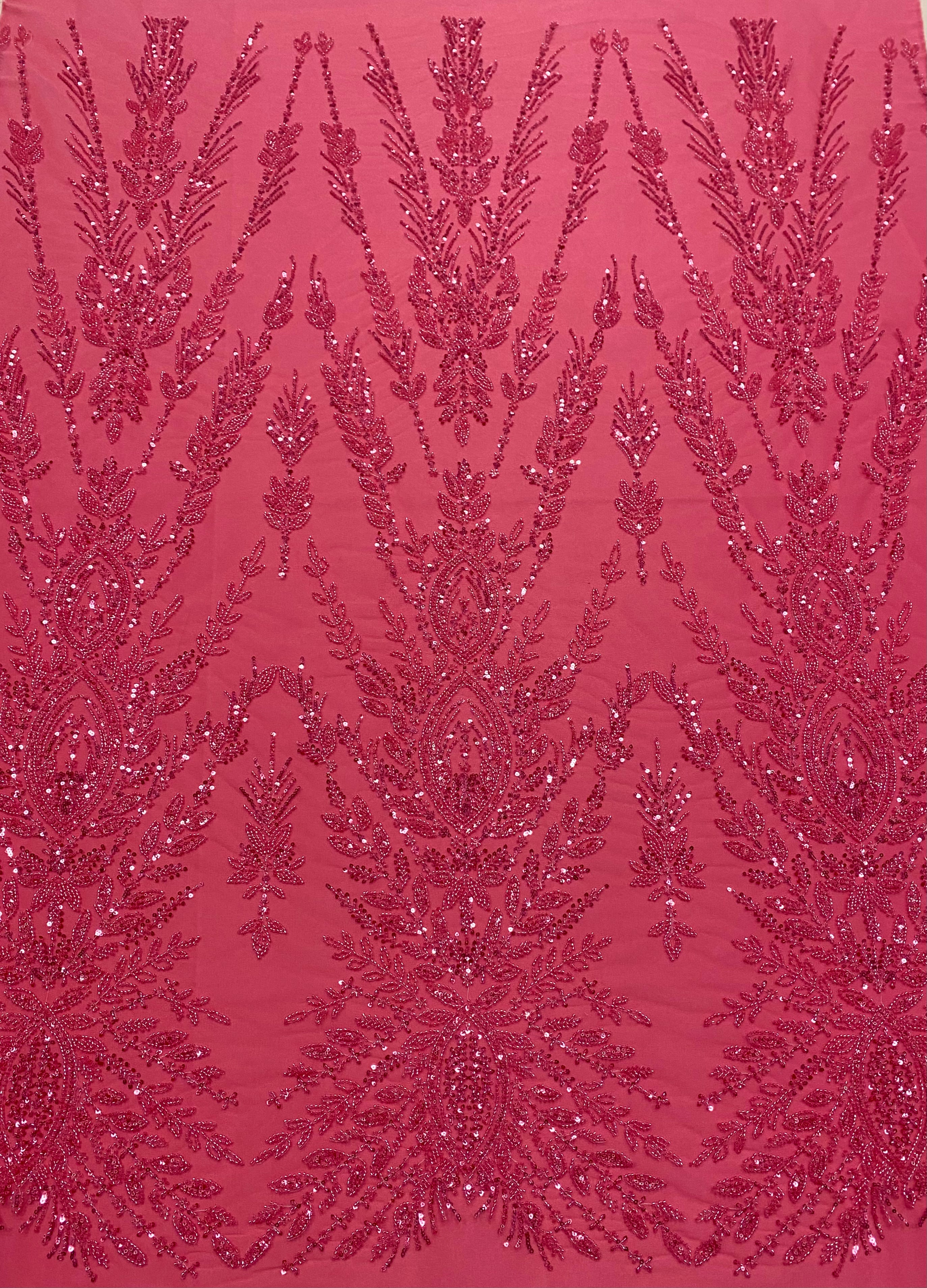 Dantela Couture Roz Coral cu Model Simetric, cu Margele si Paiete
