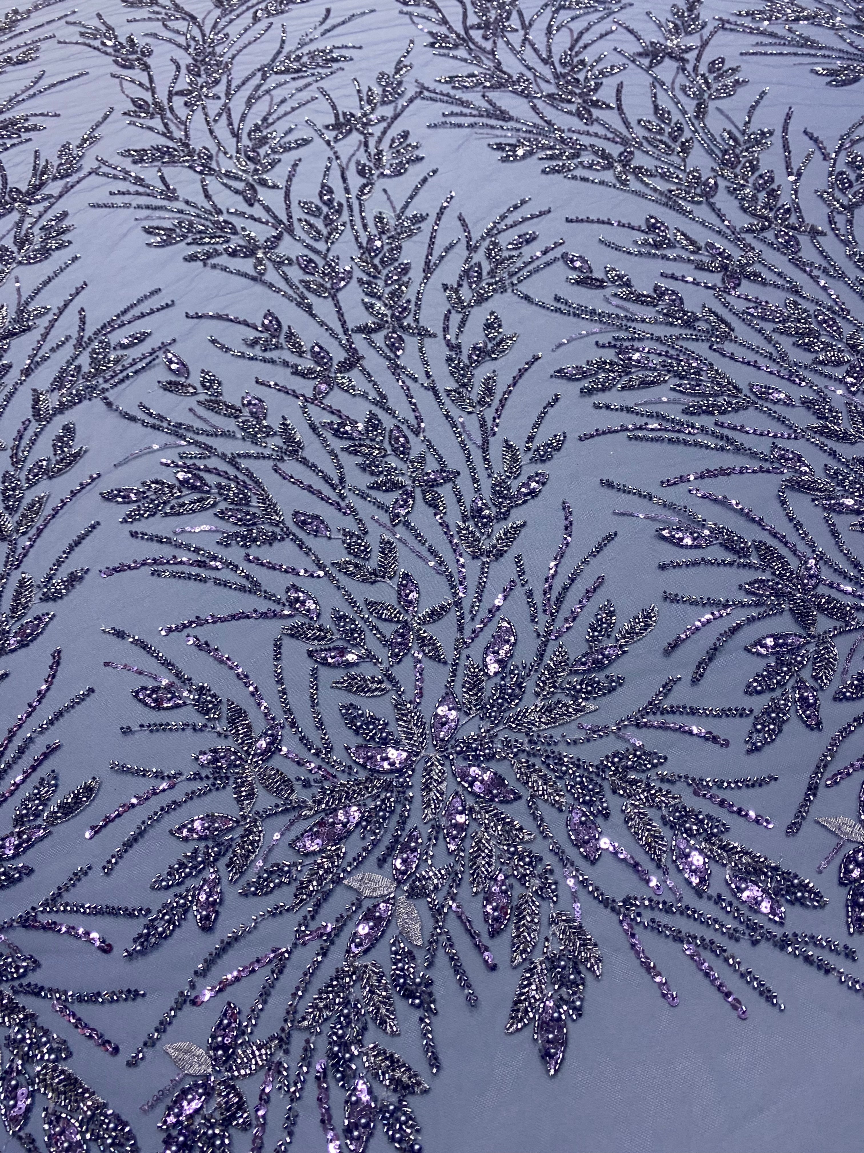 Dantela Couture Albastru Prafuit cu Model Floral, Perle, Margele si Paiete