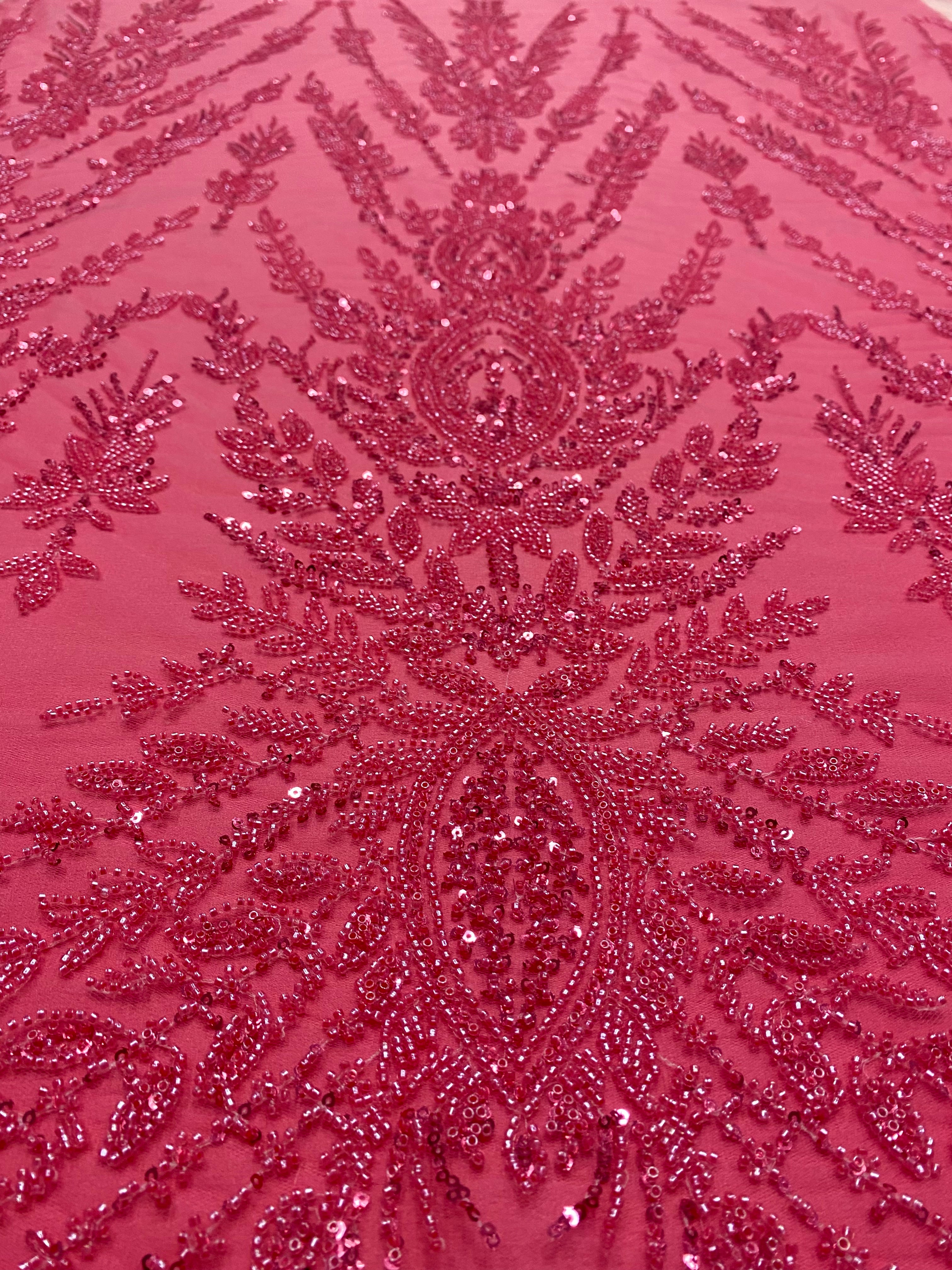 Dantela Couture Roz Coral cu Model Simetric, cu Margele si Paiete