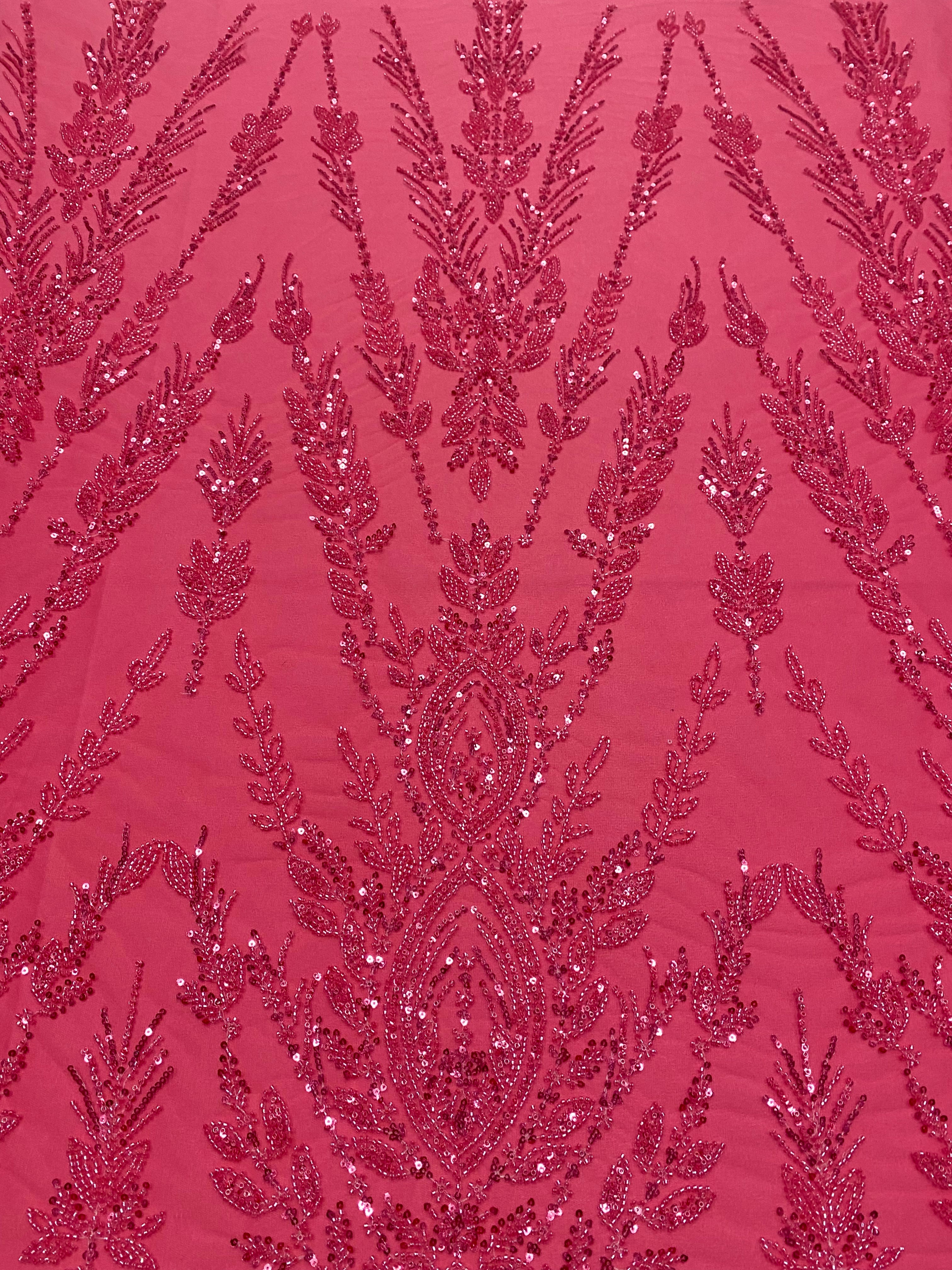 Dantela Couture Roz Coral cu Model Simetric, cu Margele si Paiete