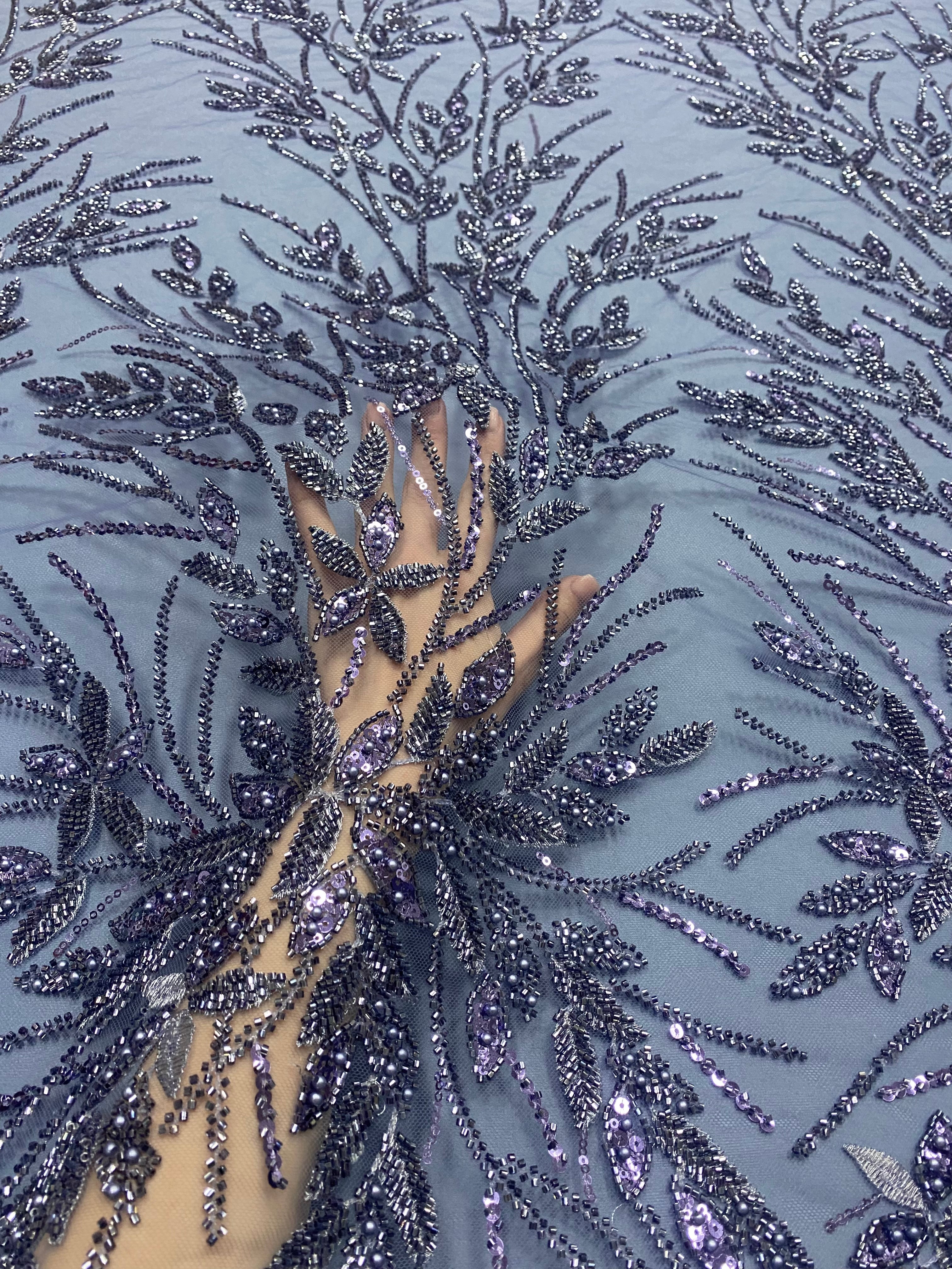 Dantela Couture Albastru Prafuit cu Model Floral, Perle, Margele si Paiete