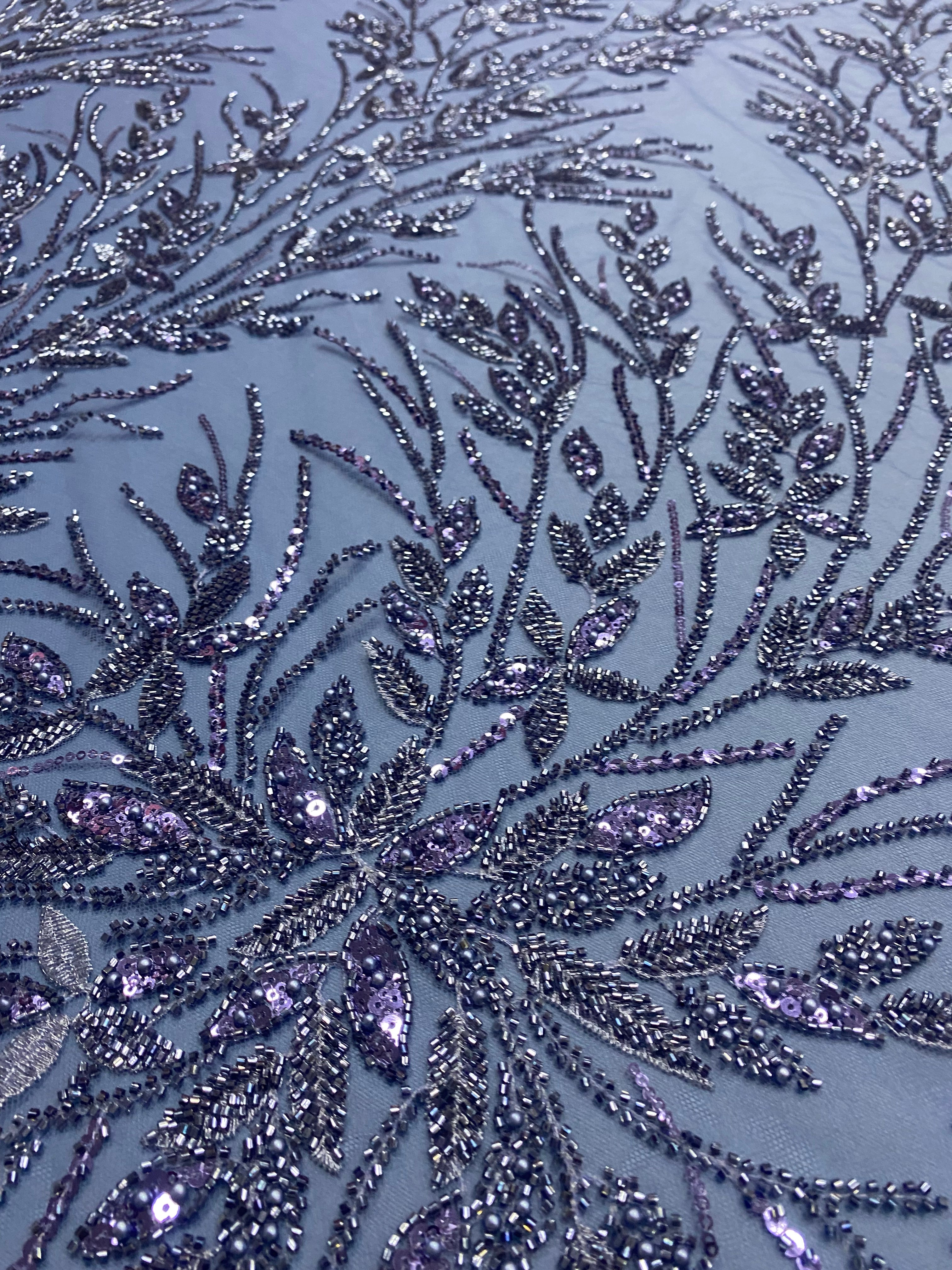 Dantela Couture Albastru Prafuit cu Model Floral, Perle, Margele si Paiete