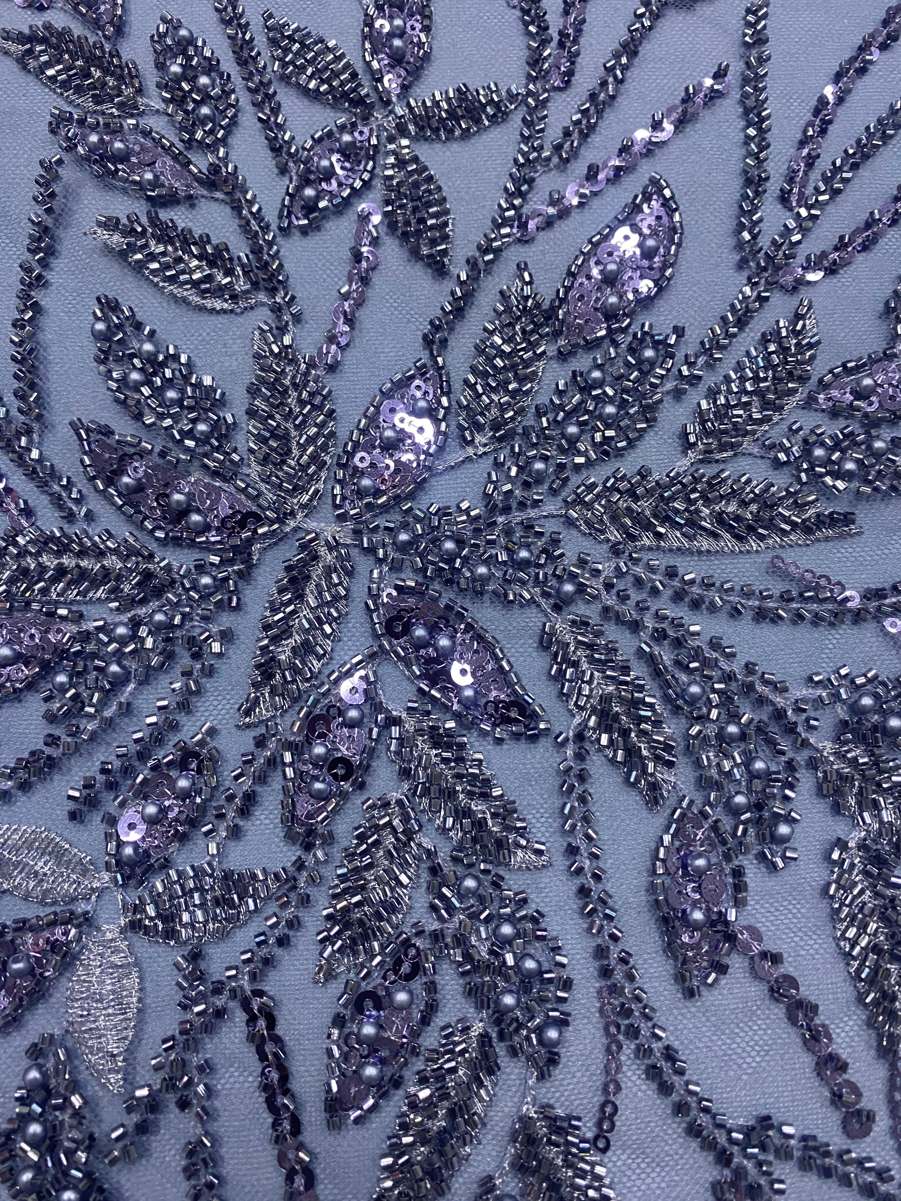 Dantela Couture Albastru Prafuit cu Model Floral, Perle, Margele si Paiete