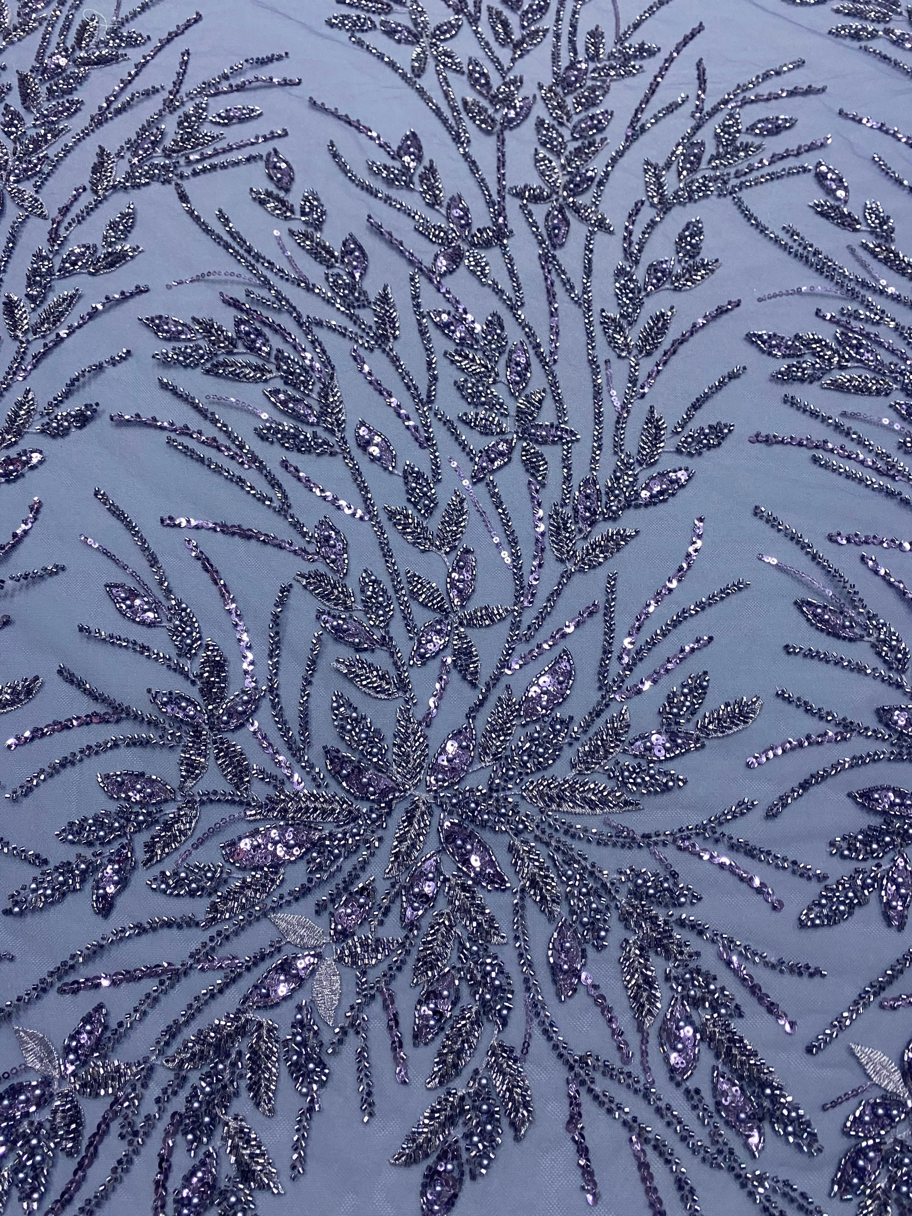 Dantela Couture Albastru Prafuit cu Model Floral, Perle, Margele si Paiete