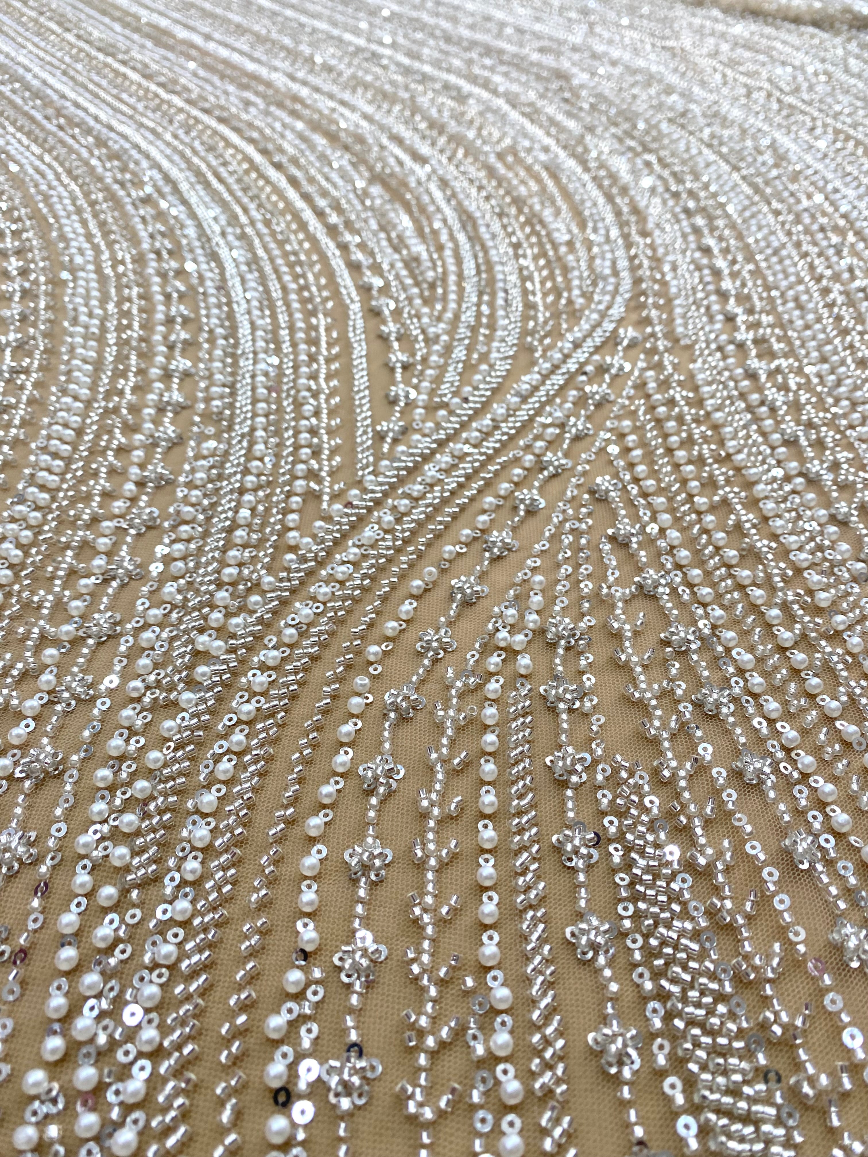 Silver Couture Lace on Nude Tulle with Linear Pattern, with Pearls, Beads and Sequins