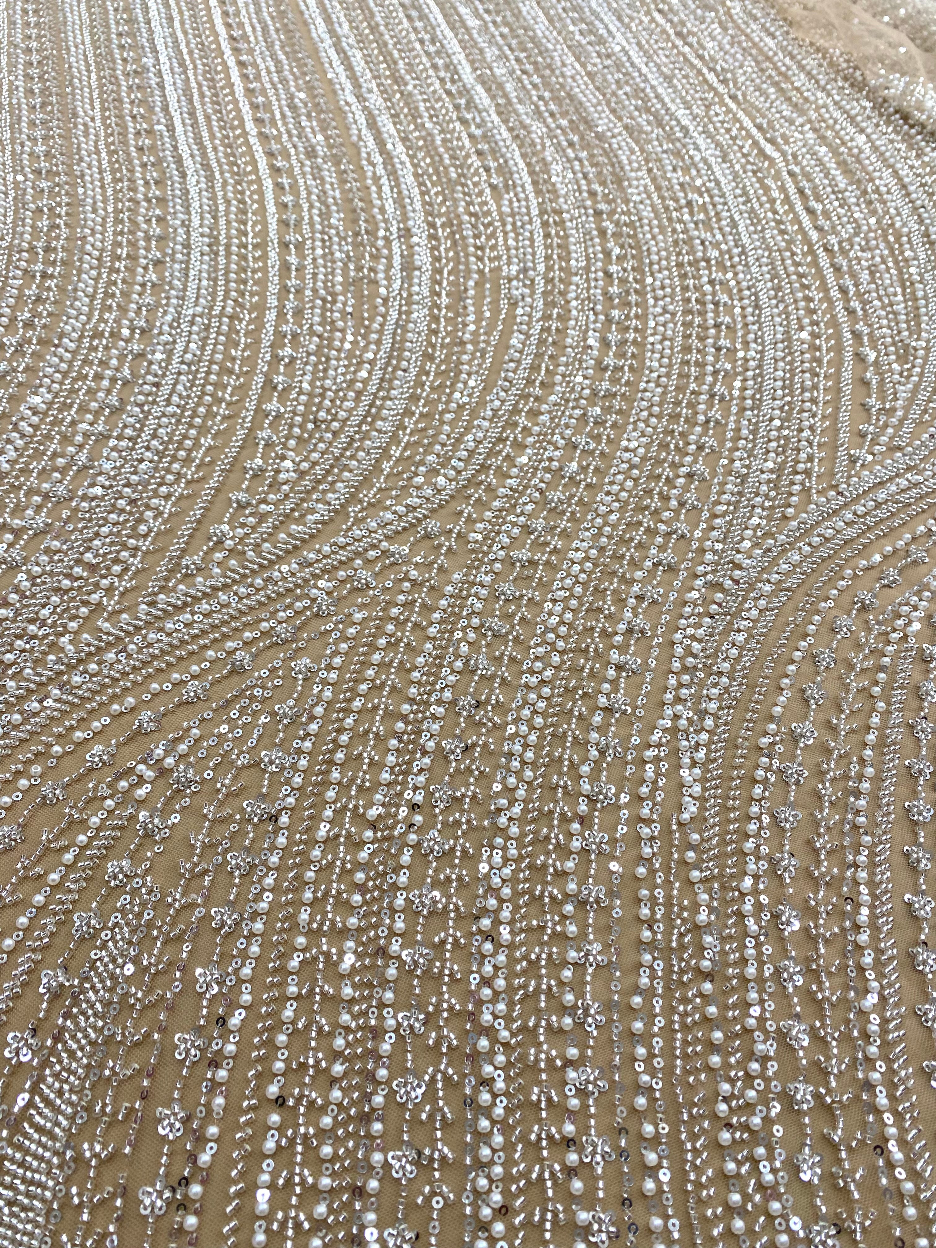 Silver Couture Lace on Nude Tulle with Linear Pattern, with Pearls, Beads and Sequins