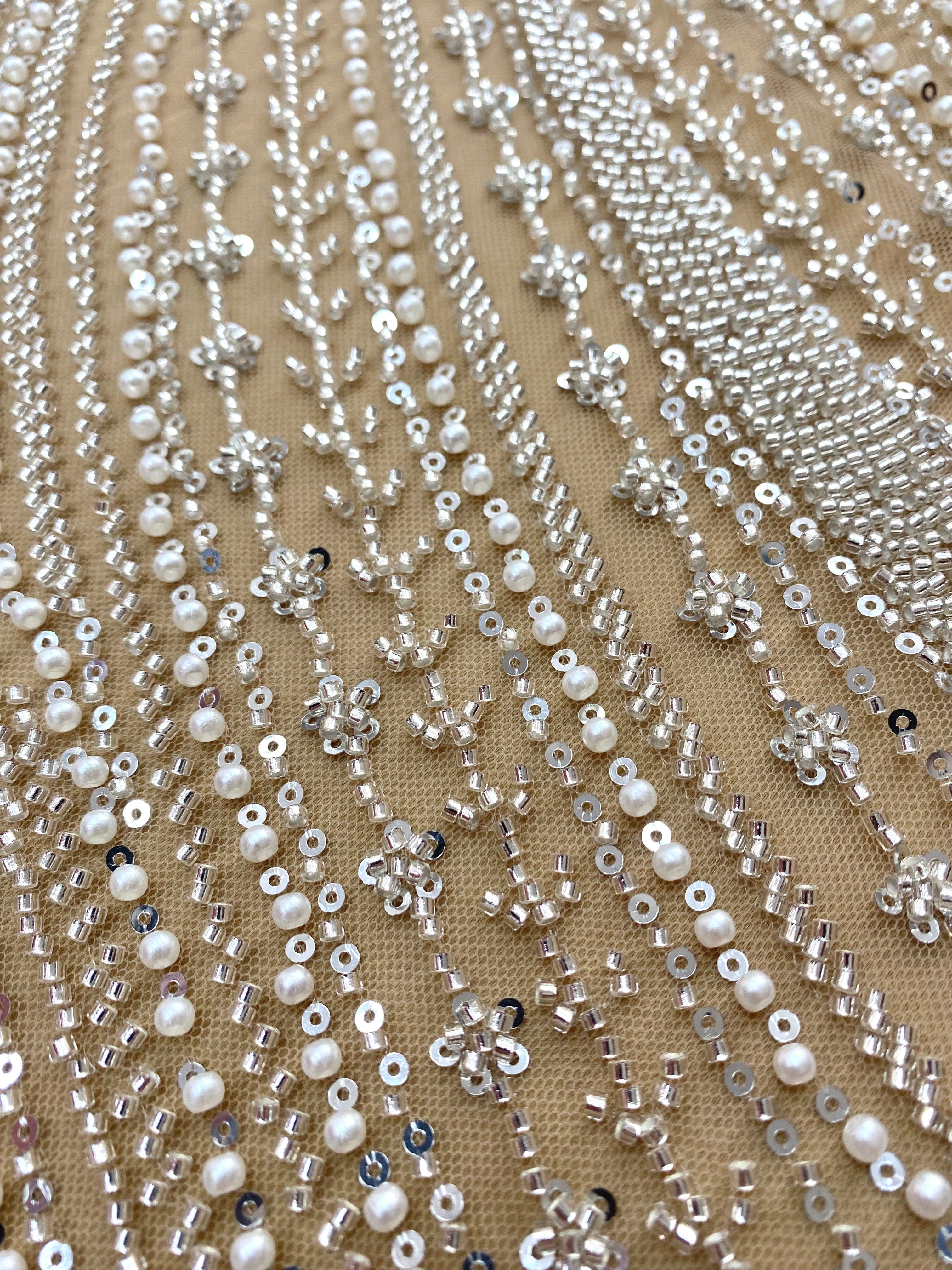 Silver Couture Lace on Nude Tulle with Linear Pattern, with Pearls, Beads and Sequins