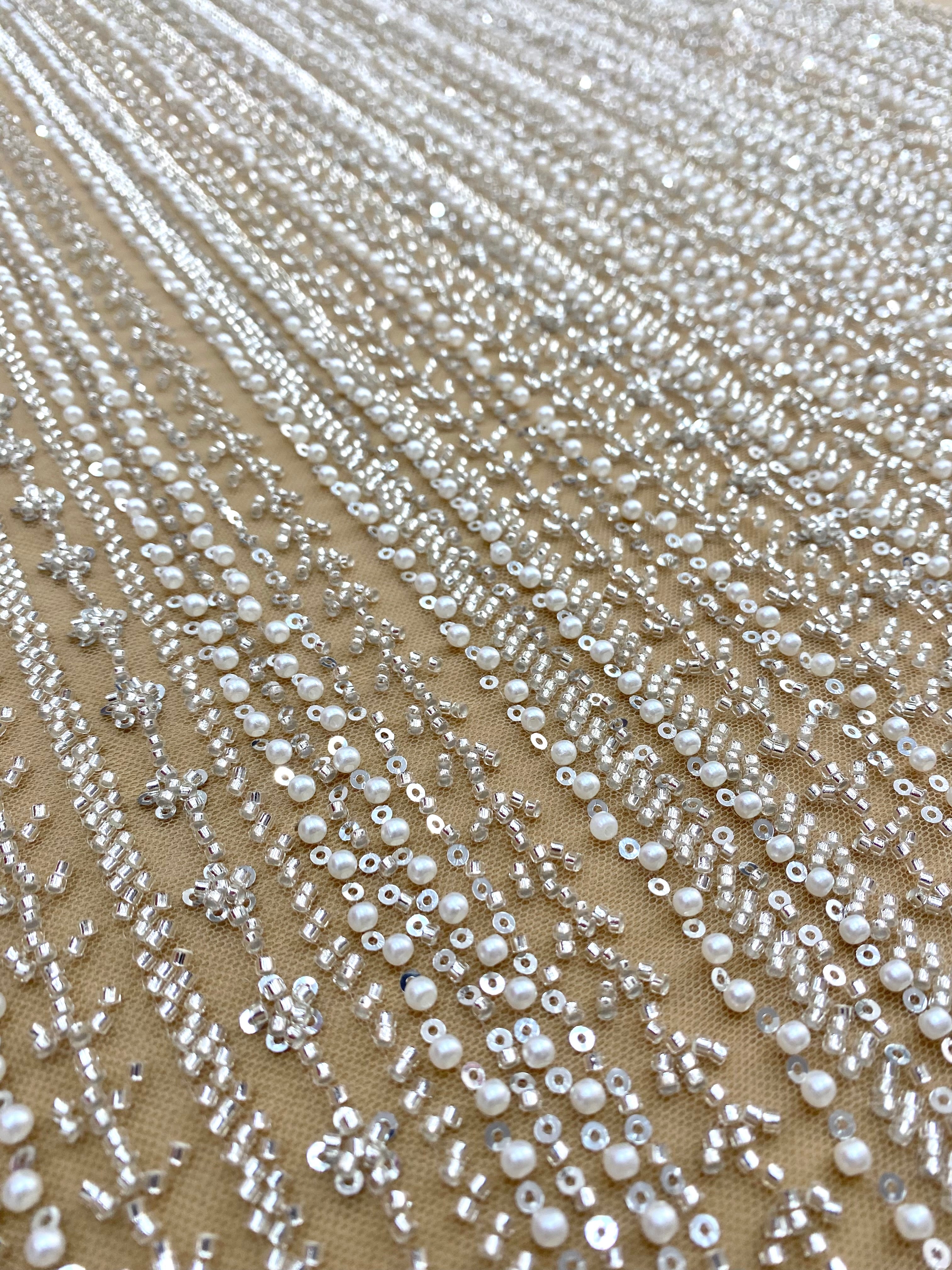 Silver Couture Lace on Nude Tulle with Linear Pattern, with Pearls, Beads and Sequins