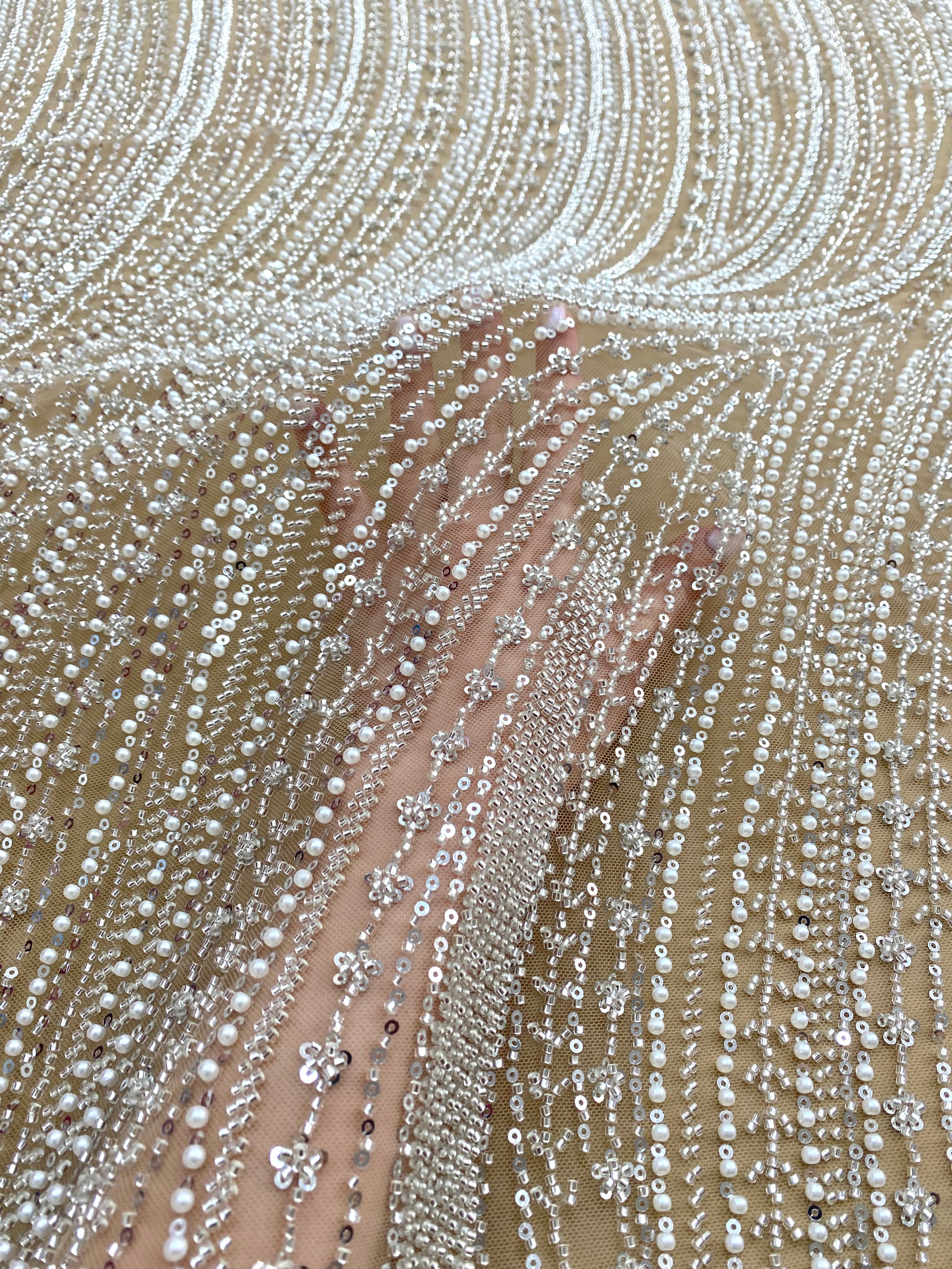 Silver Couture Lace on Nude Tulle with Linear Pattern, with Pearls, Beads and Sequins