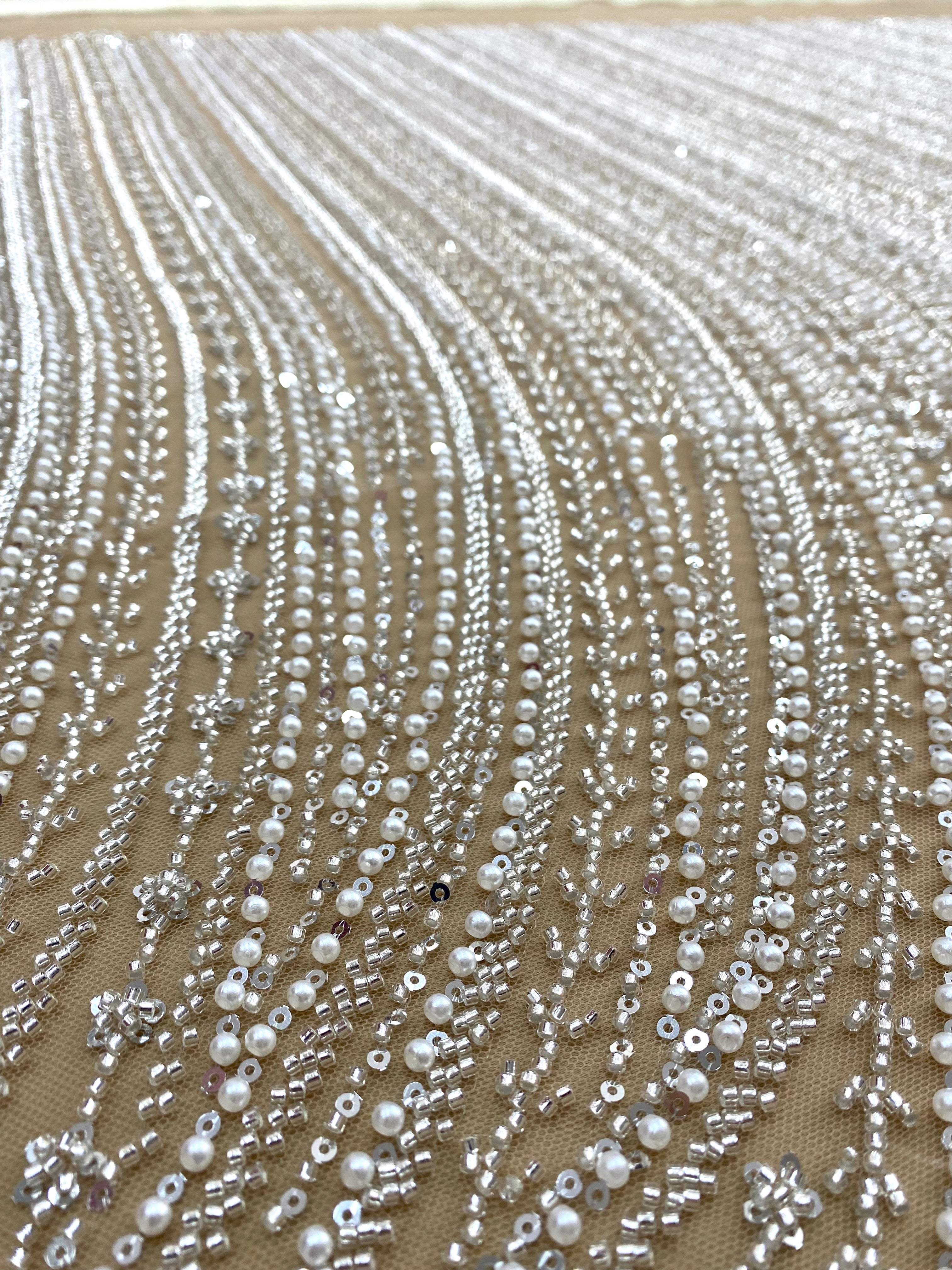 Silver Couture Lace on Nude Tulle with Linear Pattern, with Pearls, Beads and Sequins