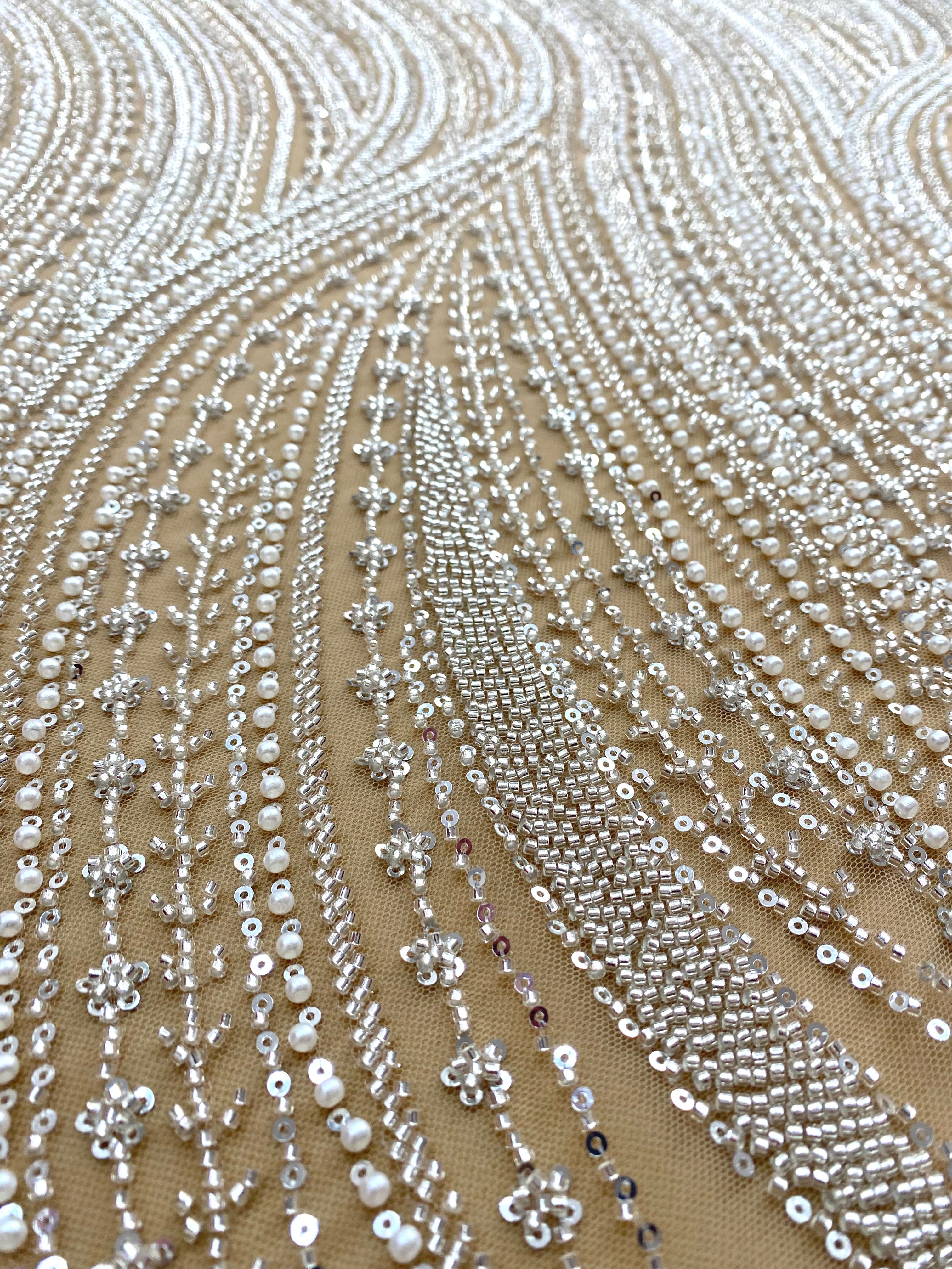 Silver Couture Lace on Nude Tulle with Linear Pattern, with Pearls, Beads and Sequins
