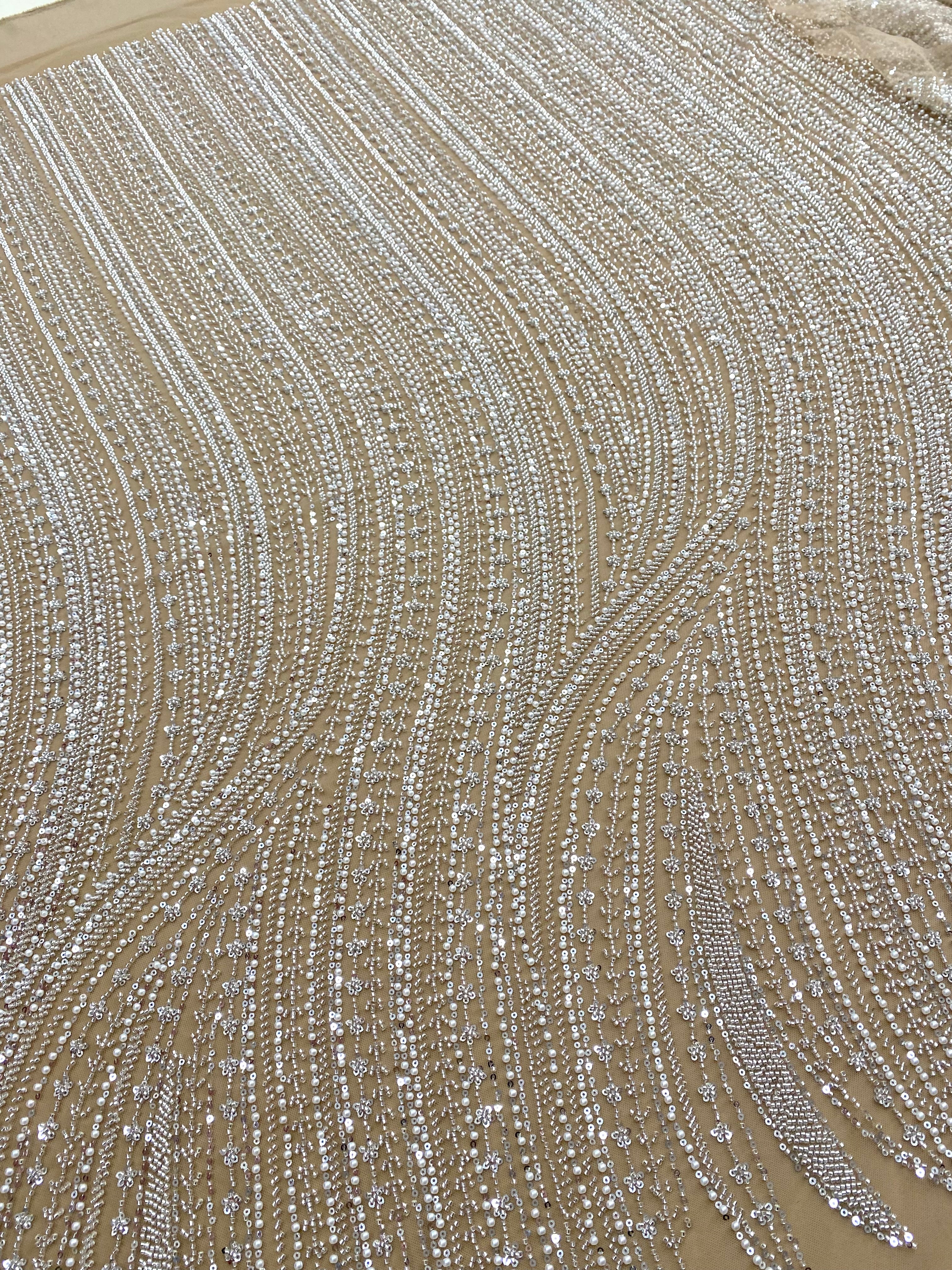 Silver Couture Lace on Nude Tulle with Linear Pattern, with Pearls, Beads and Sequins