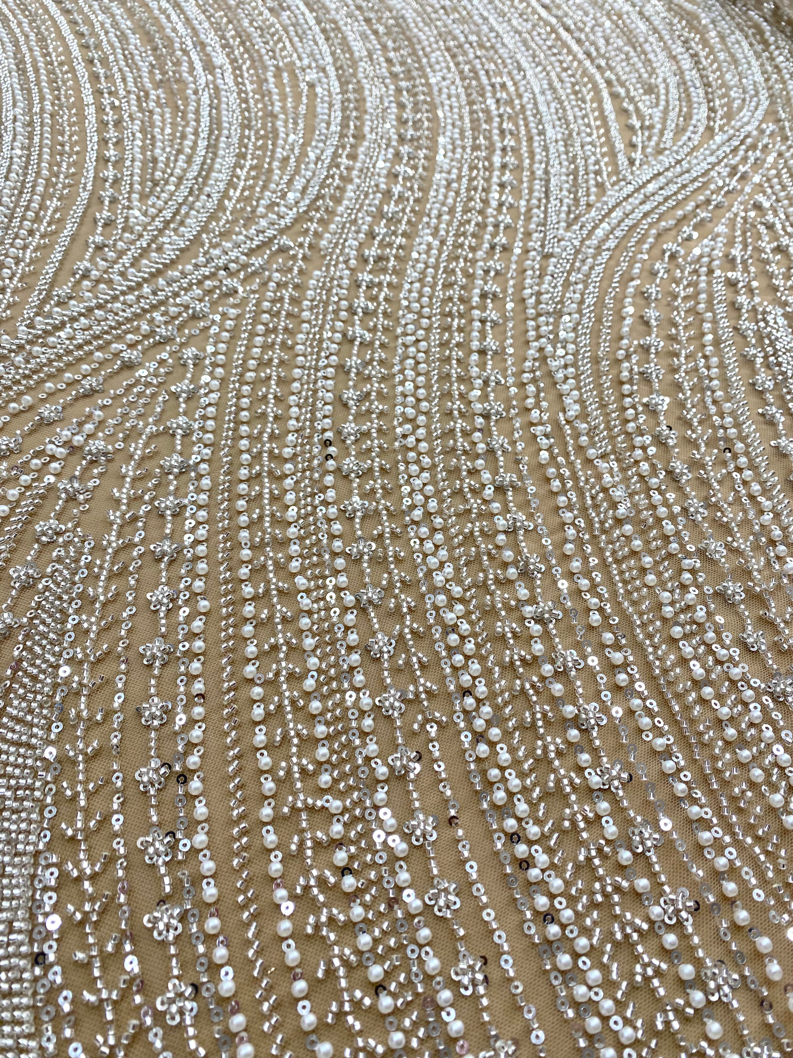 Silver Couture Lace on Nude Tulle with Linear Pattern, with Pearls, Beads and Sequins