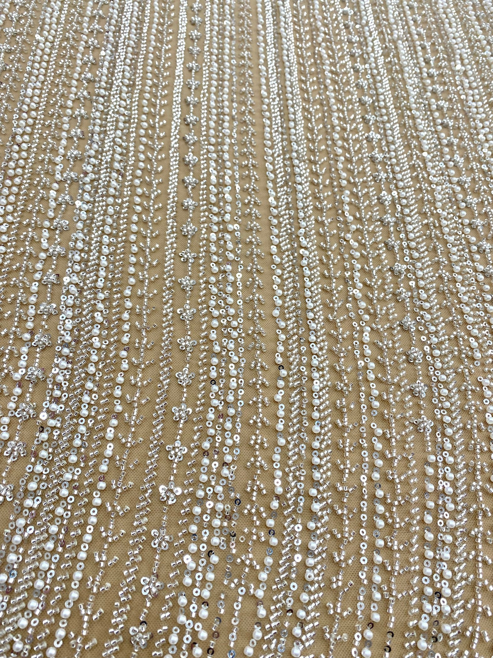 Silver Couture Lace on Nude Tulle with Linear Pattern, with Pearls, Beads and Sequins