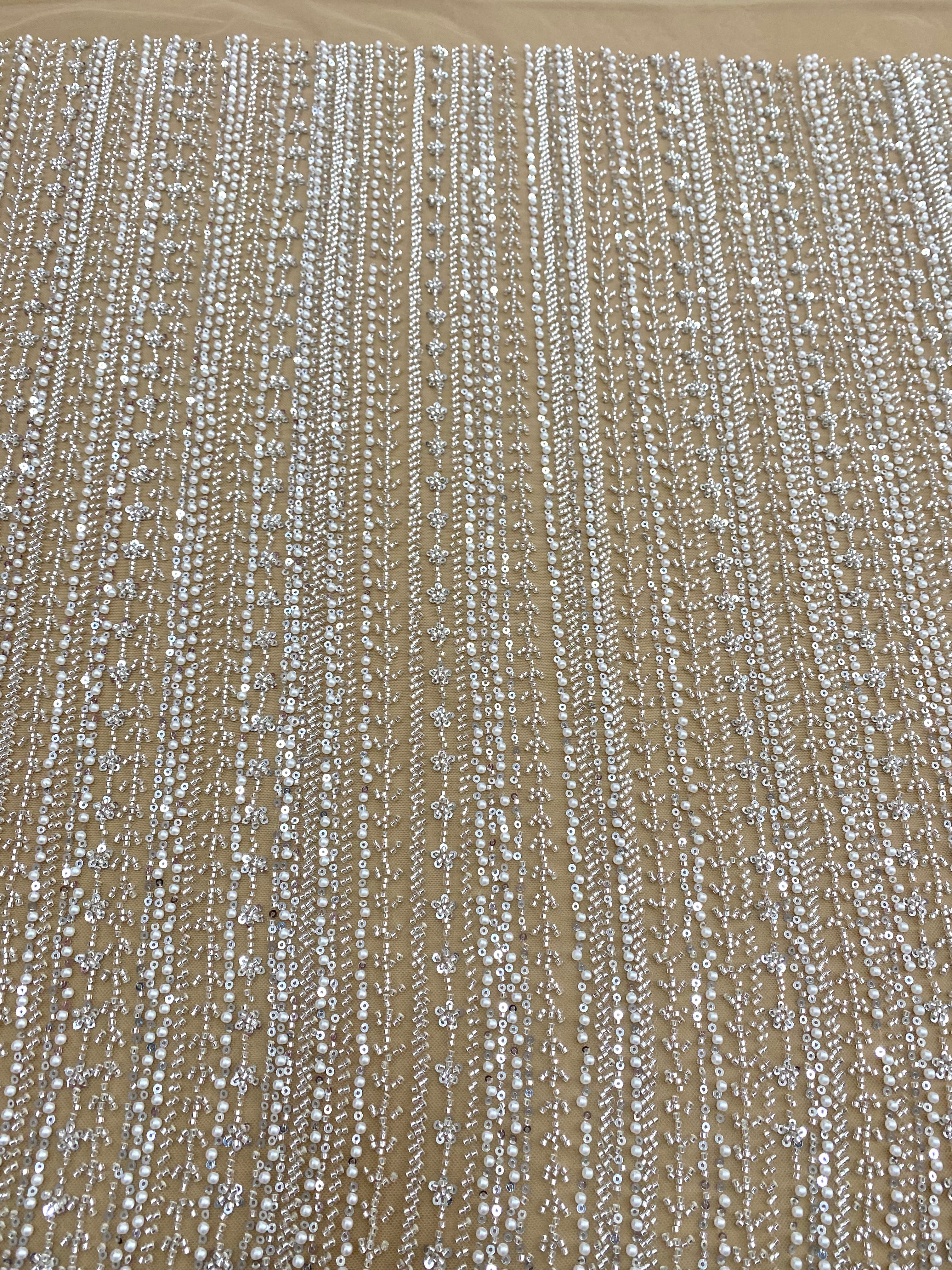 Silver Couture Lace on Nude Tulle with Linear Pattern, with Pearls, Beads and Sequins