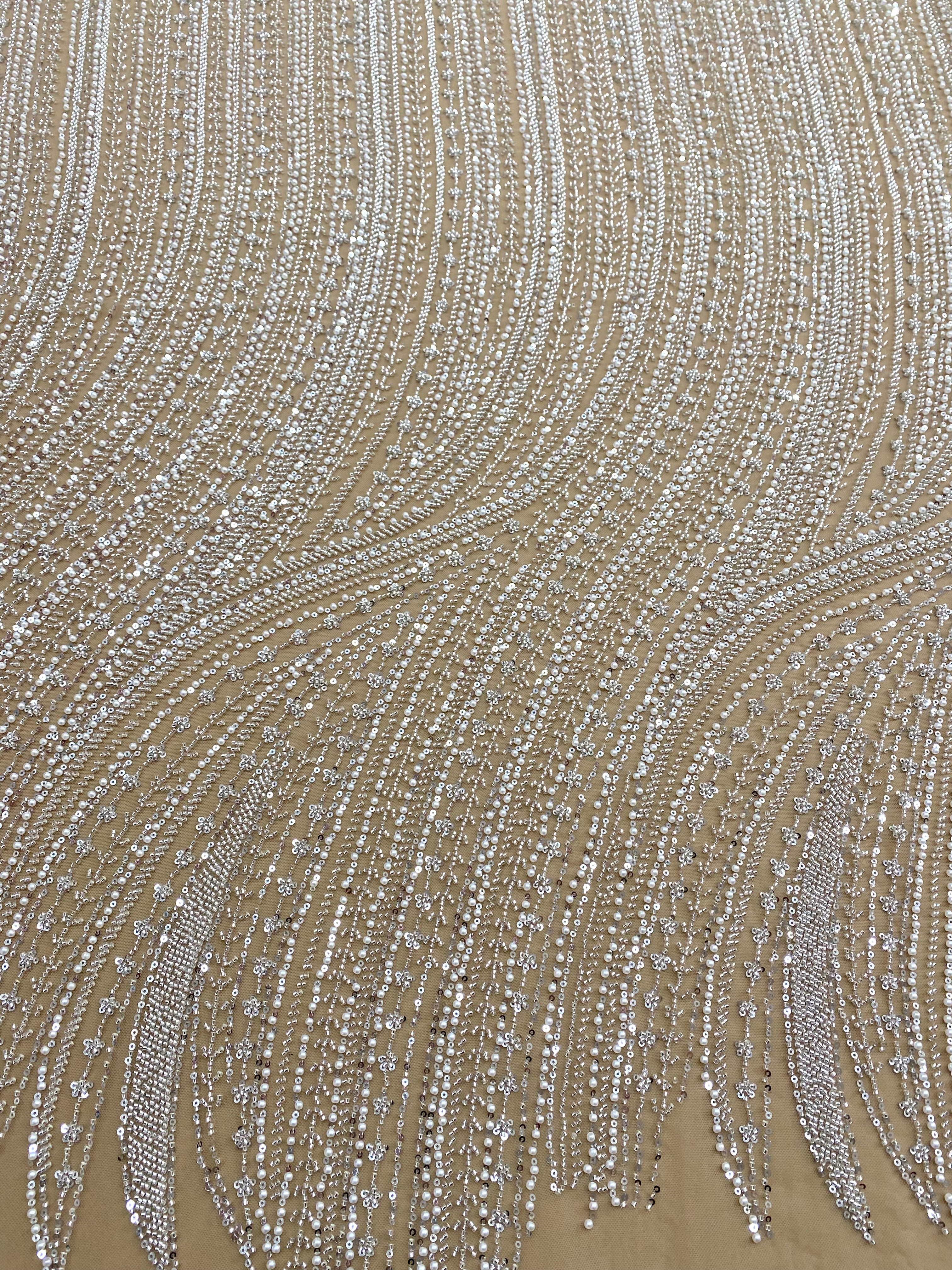 Silver Couture Lace on Nude Tulle with Linear Pattern, with Pearls, Beads and Sequins