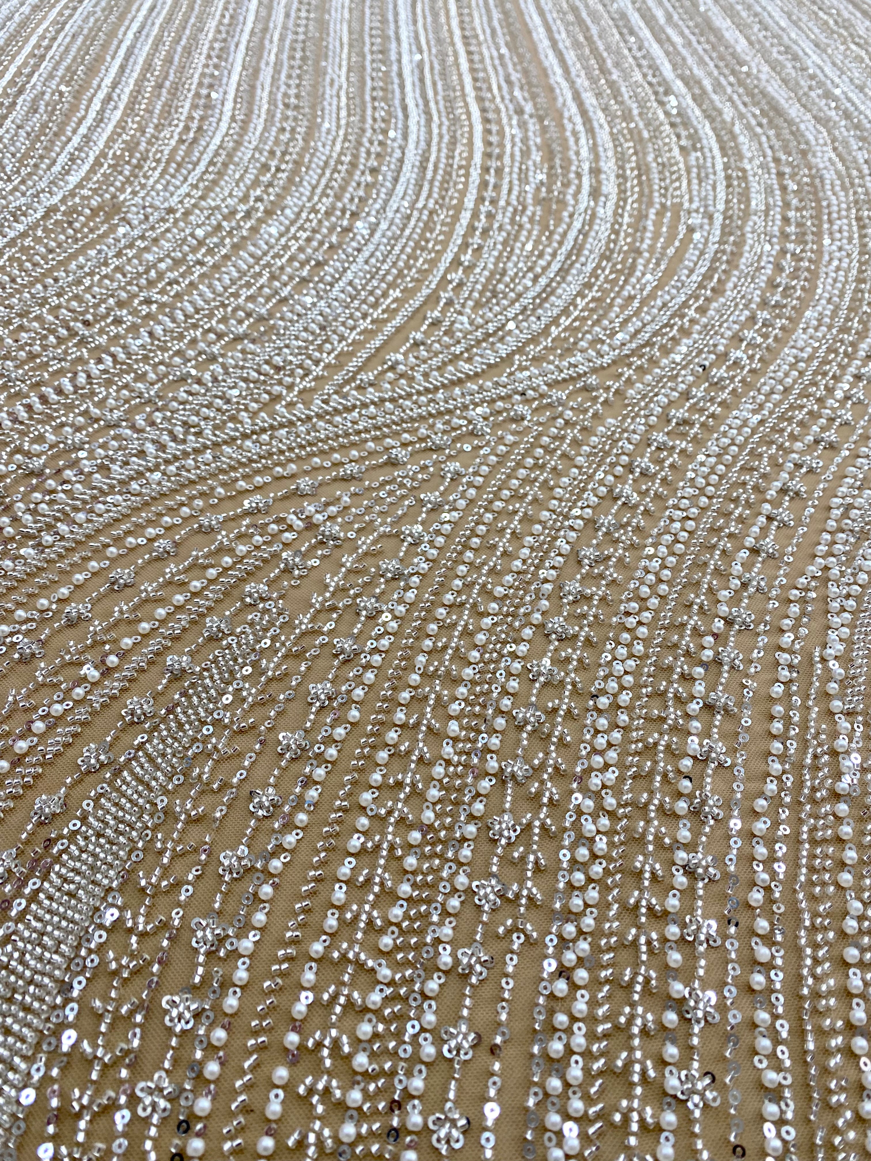 Silver Couture Lace on Nude Tulle with Linear Pattern, with Pearls, Beads and Sequins