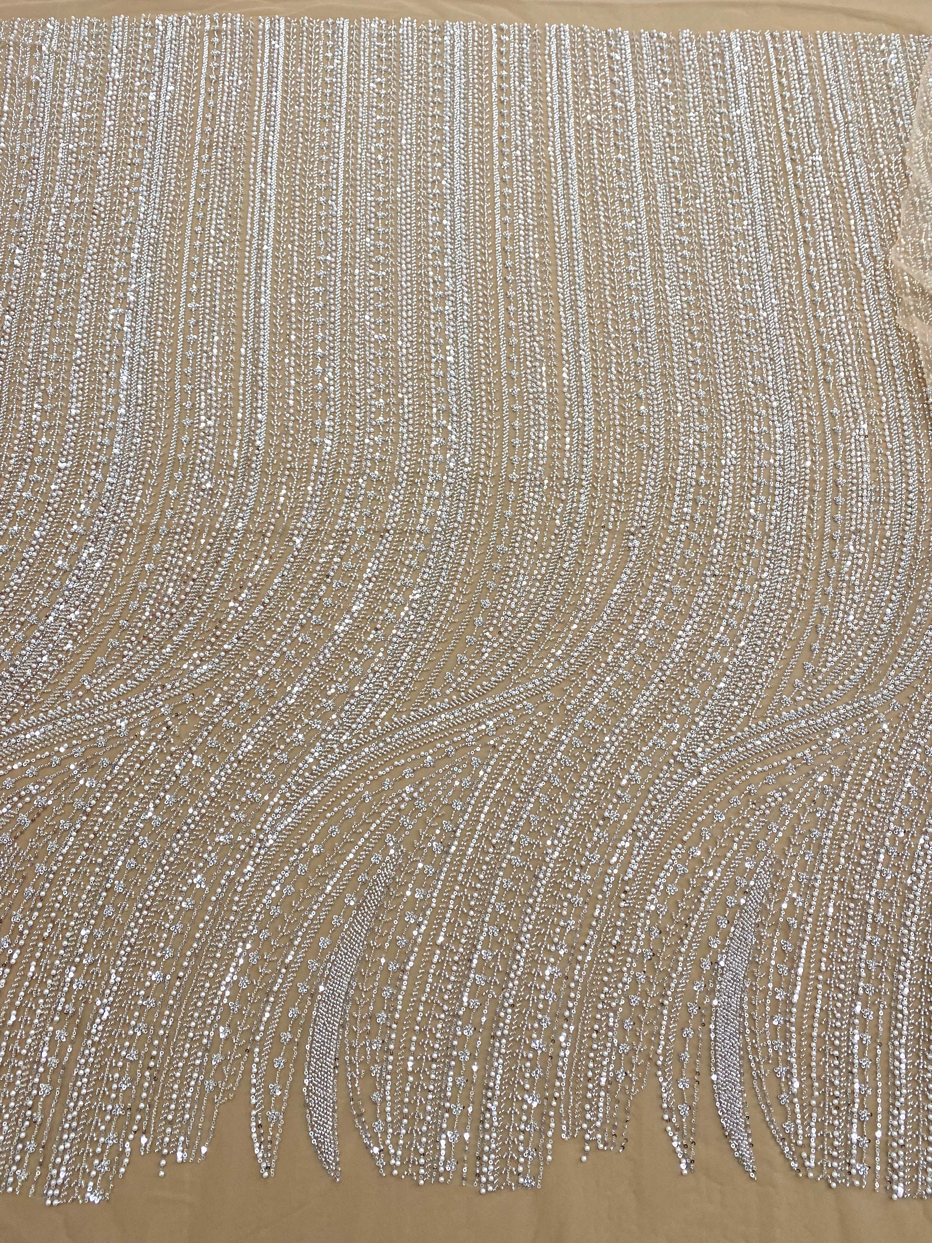 Silver Couture Lace on Nude Tulle with Linear Pattern, with Pearls, Beads and Sequins