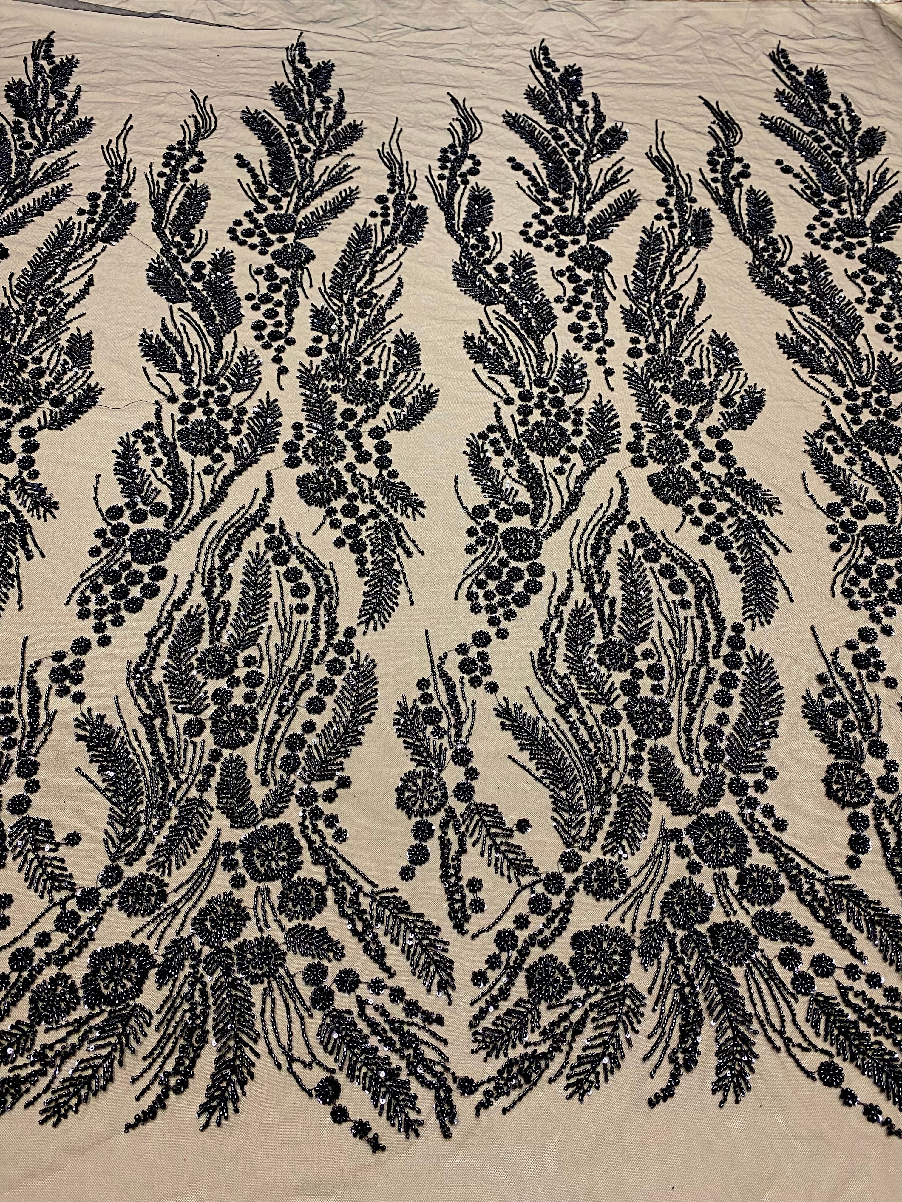 Dantela Couture Neagra cu Model Floral, Perle, Margele si Paiete