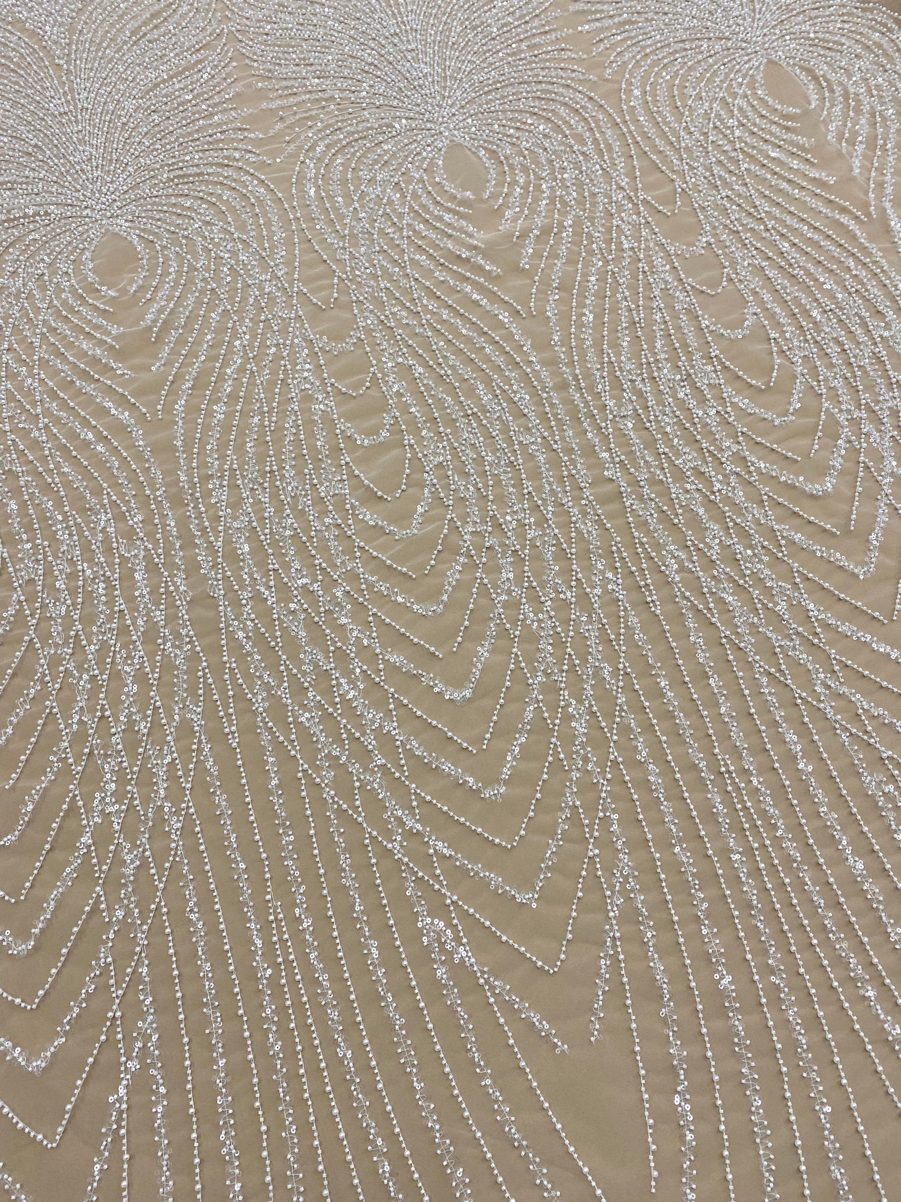 Cupon 1.50 m din Dantela Couture Ivory cu Panou, cu Perle, Margele si Paiete