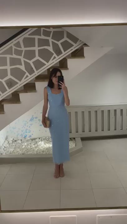 Dantela Couture Sky Blue cu Model General, cu Margele si Paiete