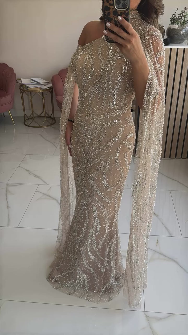 Dantela Couture Argintie pe Tulle Nude cu Perle, Margele si Paiete