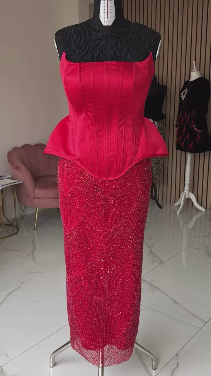 Dantela Couture Rosie cu Model Geometric, cu Perle, Margele si Paiete