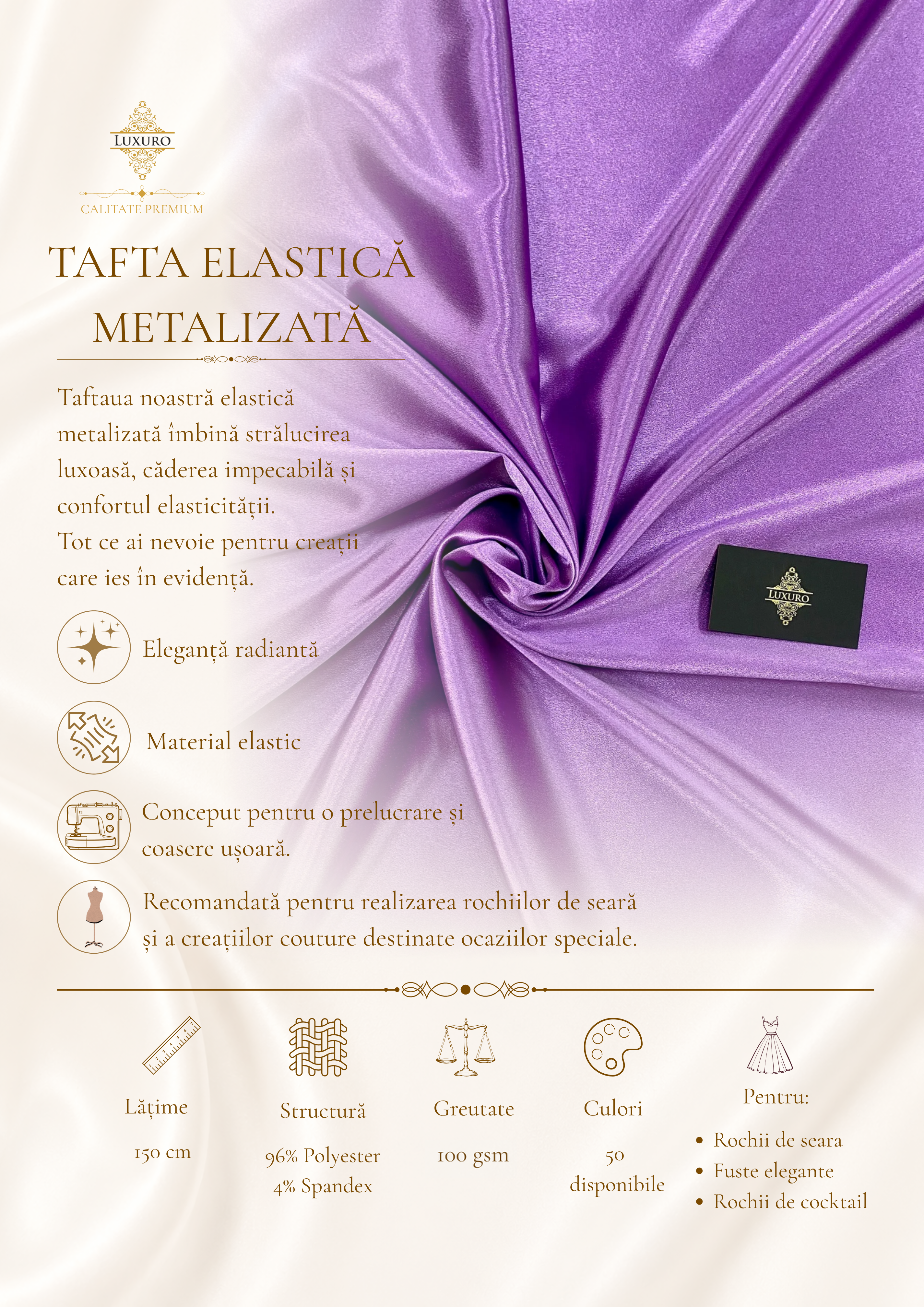 Sötét Levendula Metálfényű Elasztikus Taft