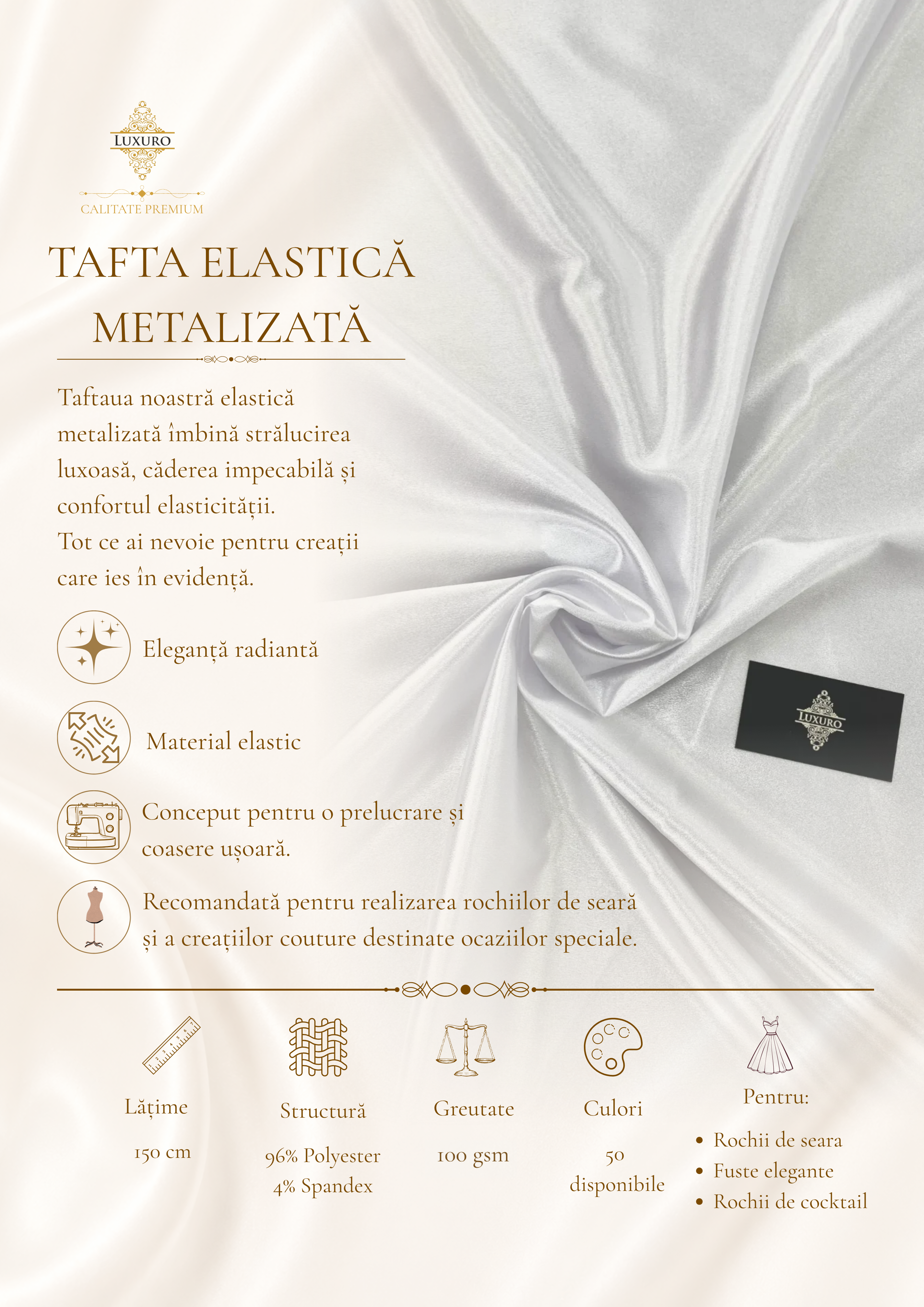 Fehér fémes elasztikus taft