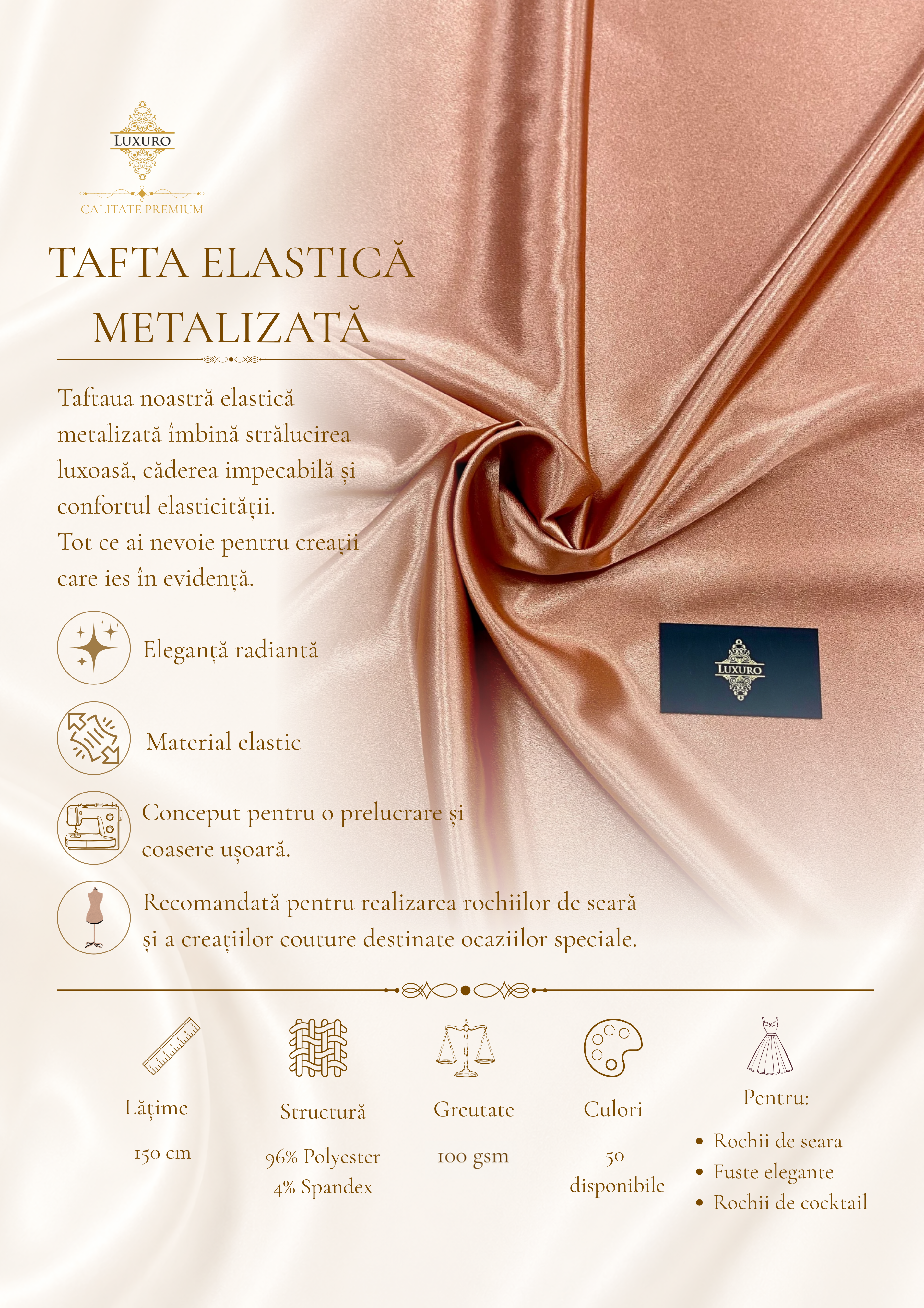 Arany-rózsaszín Metálos Elasztikus Taft