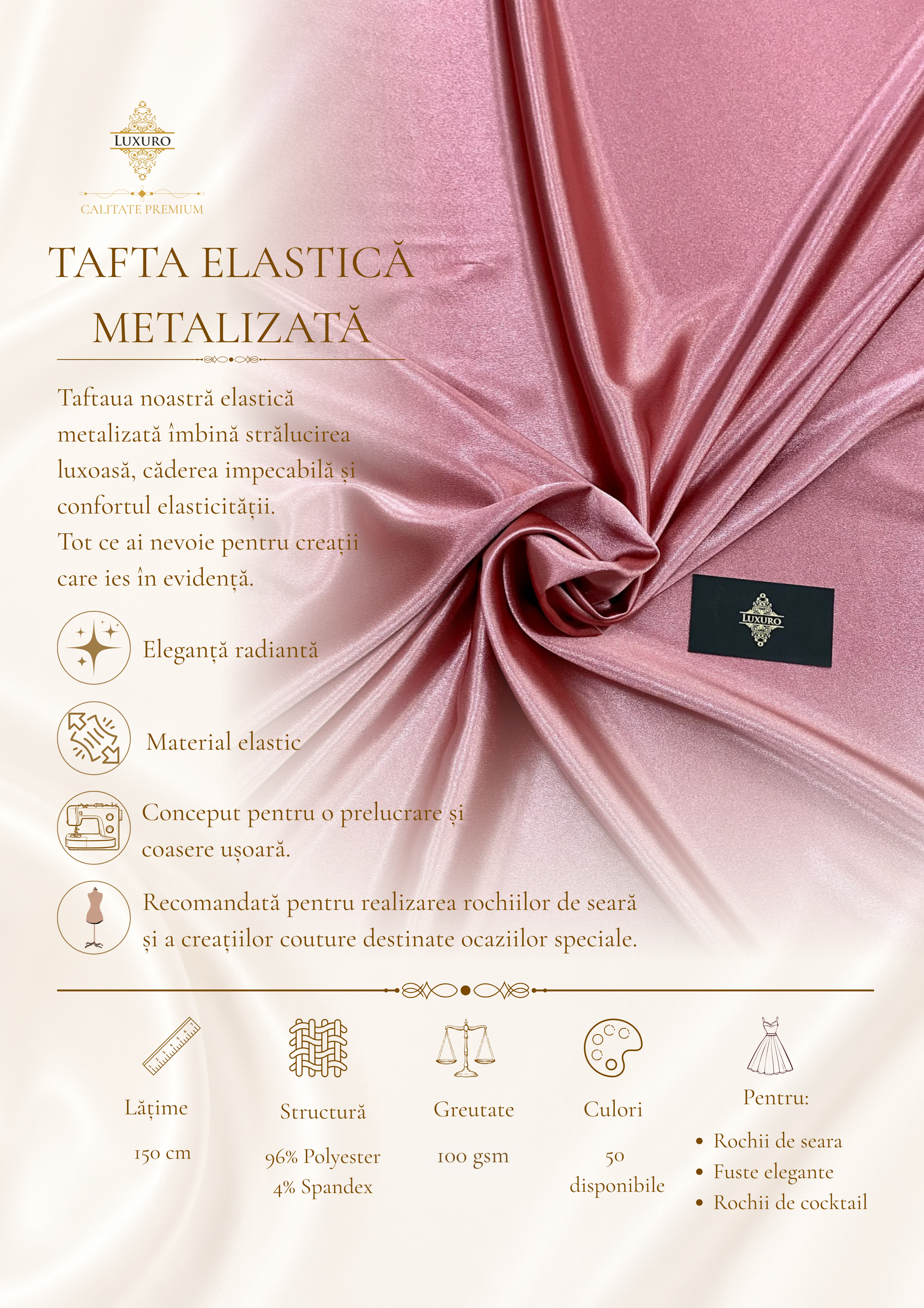 Tafta Elastica Metalizata Roz Trandafiriu Deschis