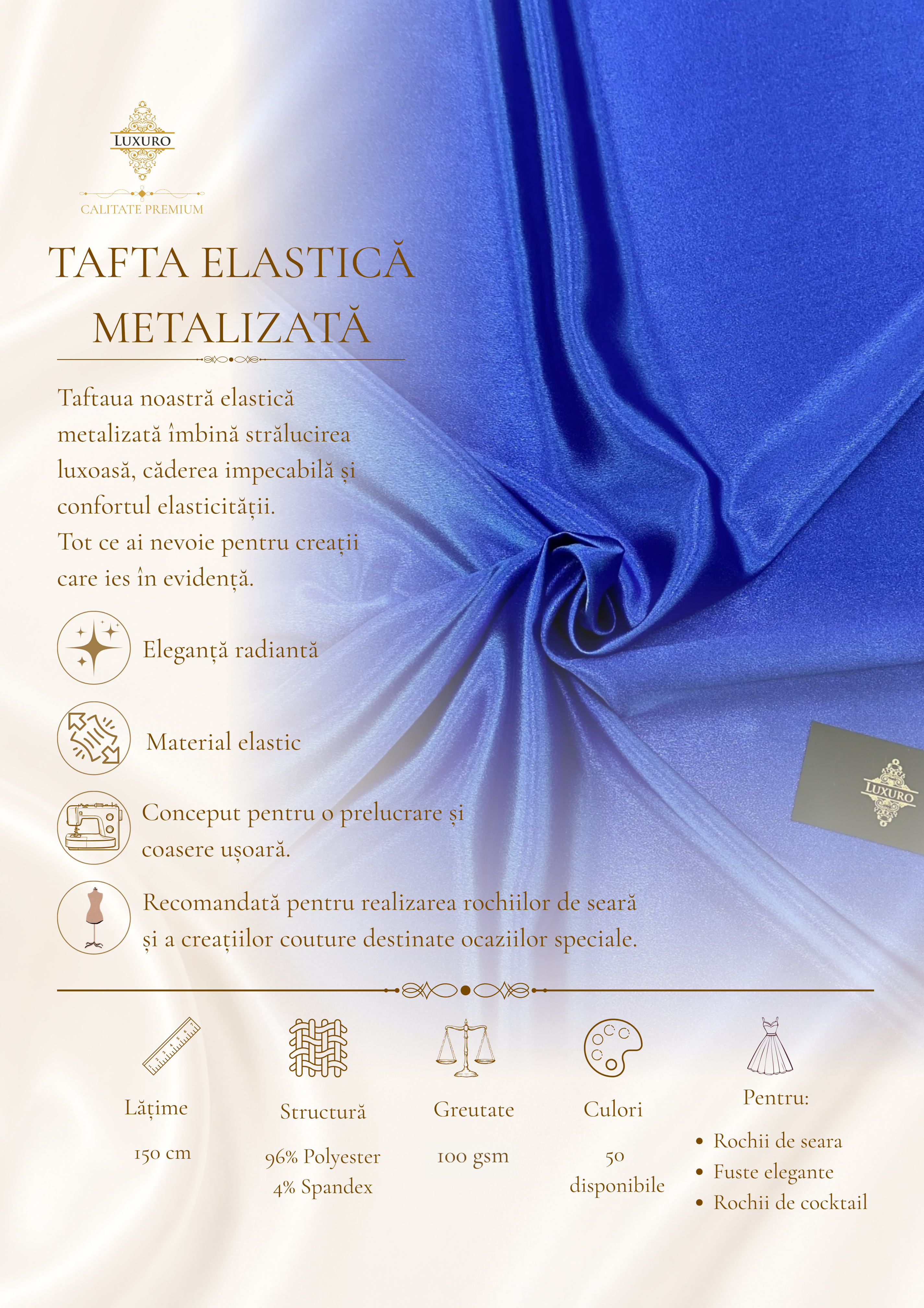 Rojálkék fémezett elasztikus taft