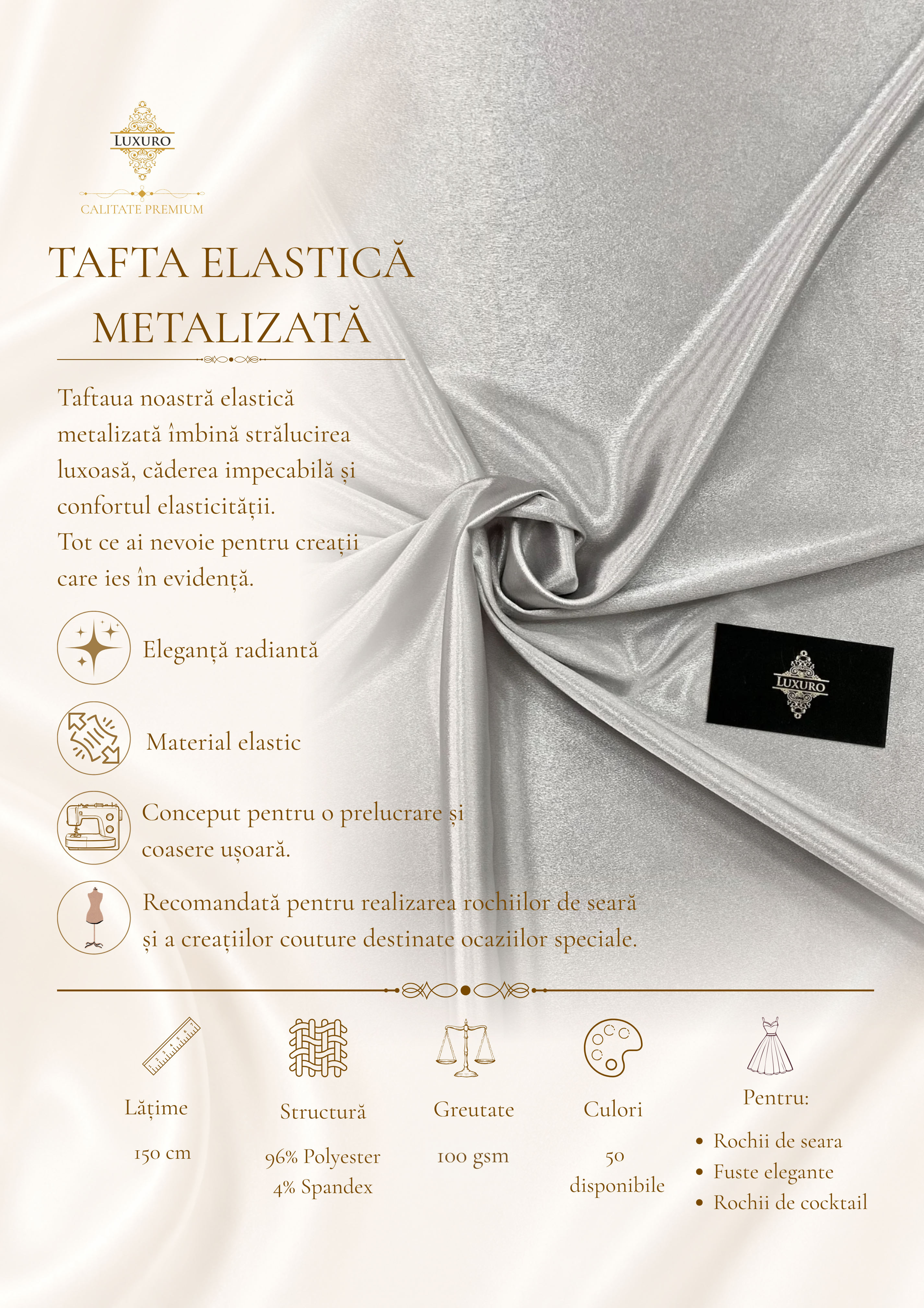 Ezüst metálfényű elasztikus taft