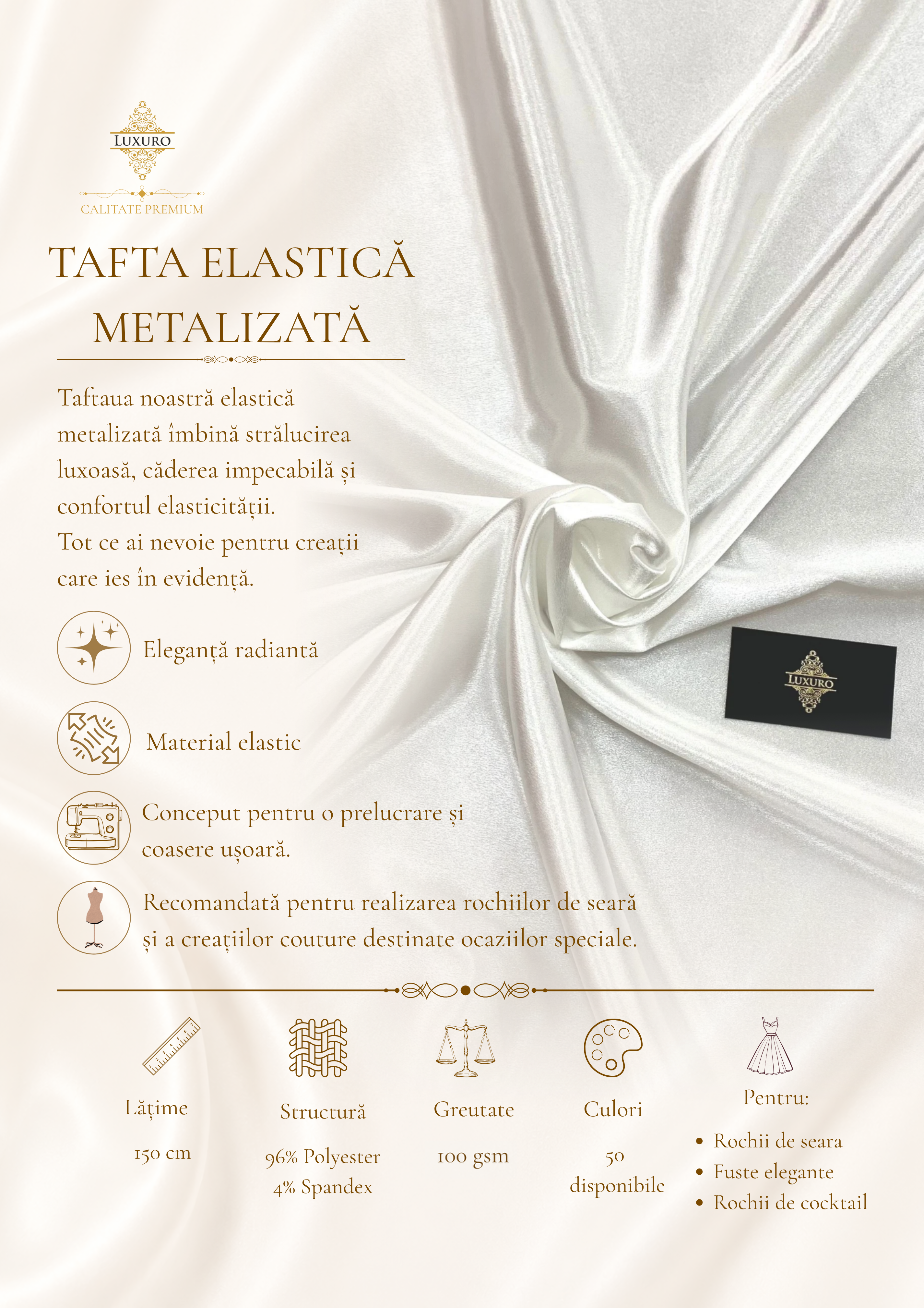 Metallizált elasztikus taft elefántcsont