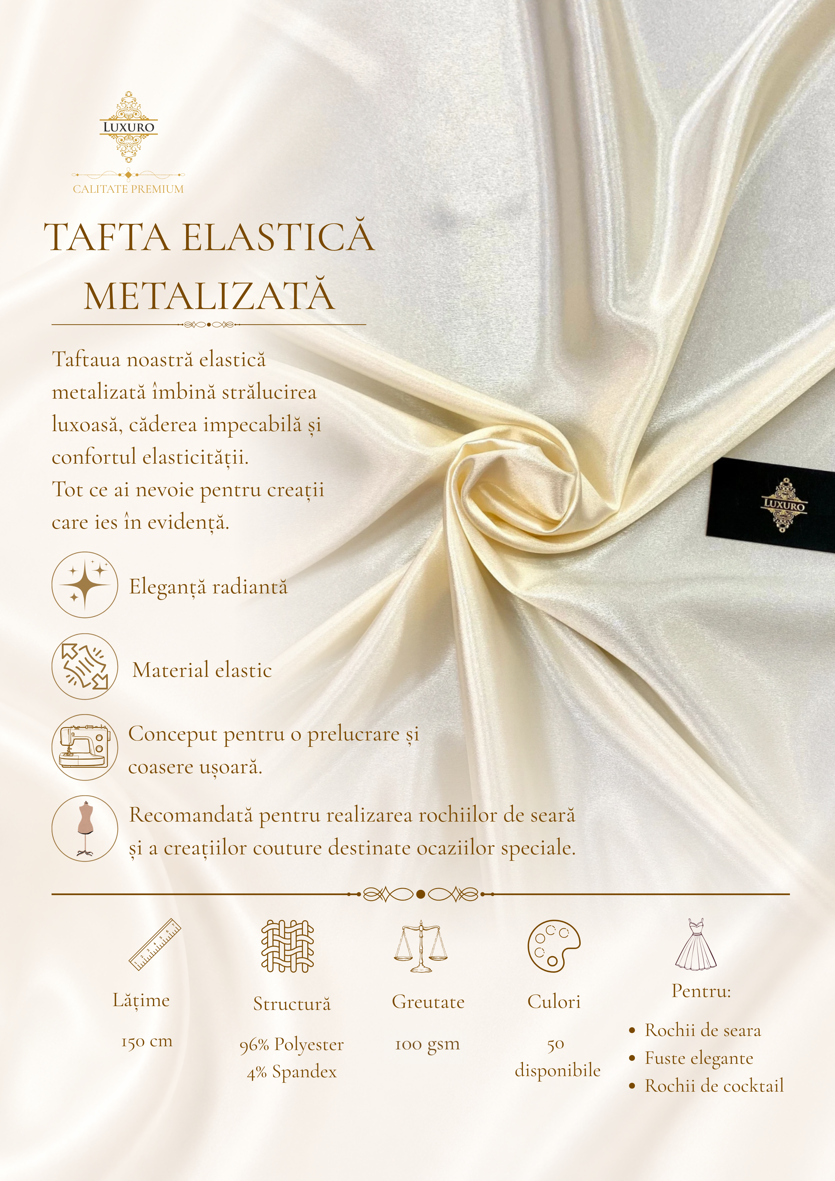 Világos Krém Metálos Rugalmas Taft