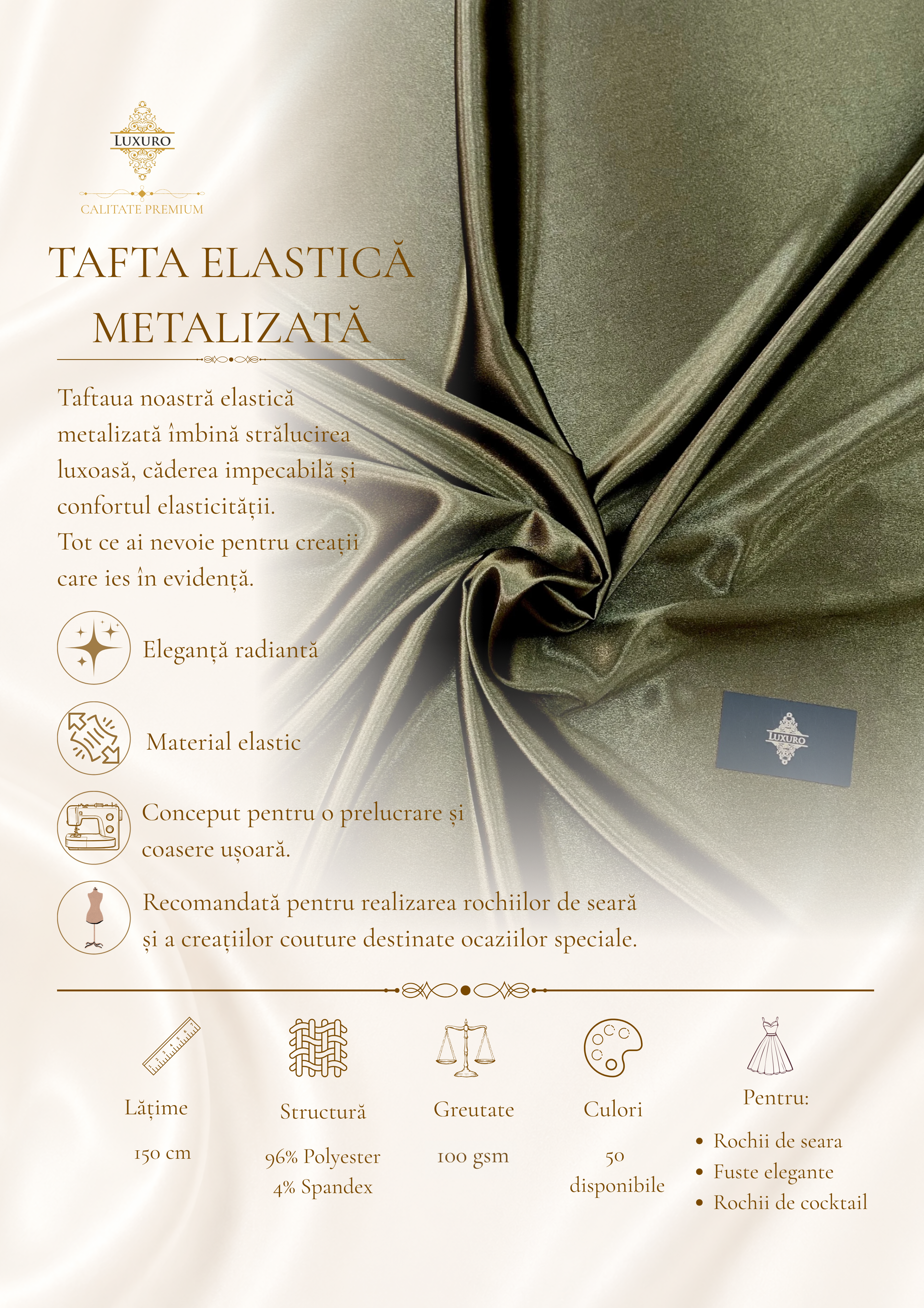 Sötét olajzöld elasztikus metál taft