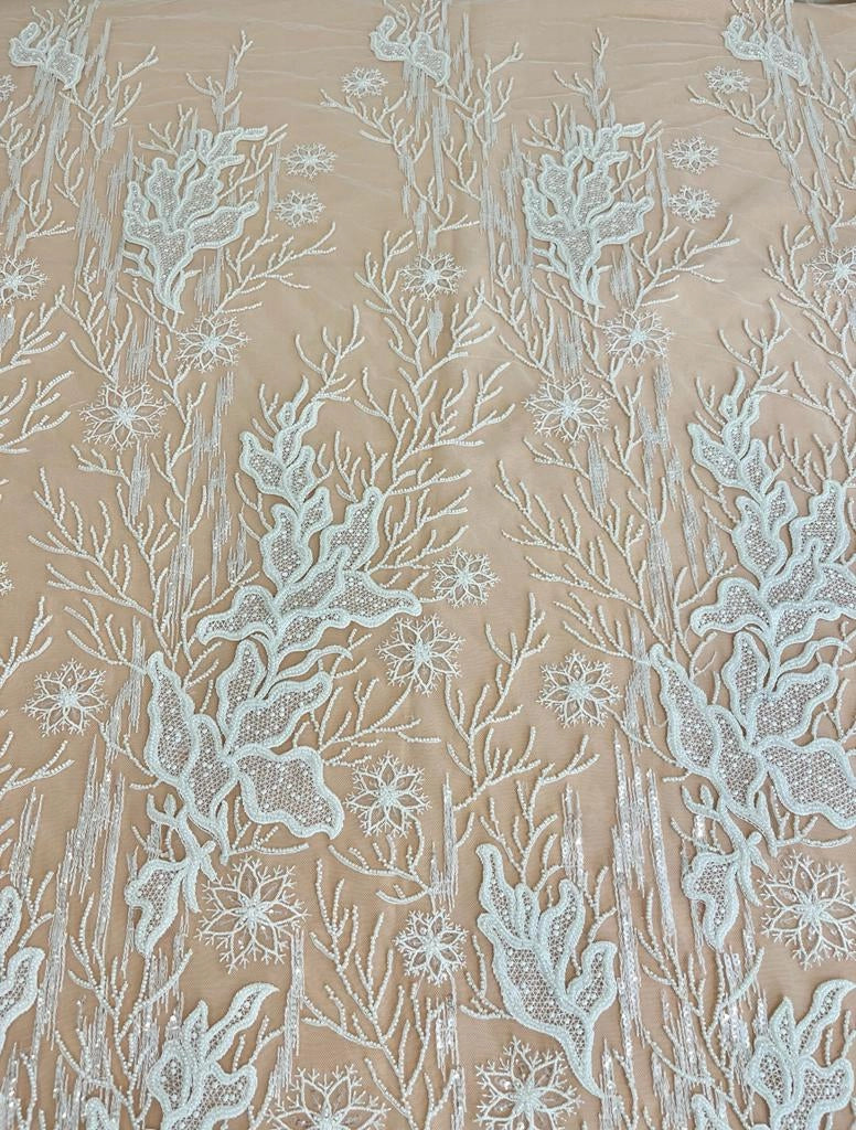 Dantela Ivory cu Model Floral, cu Perle si Paiete