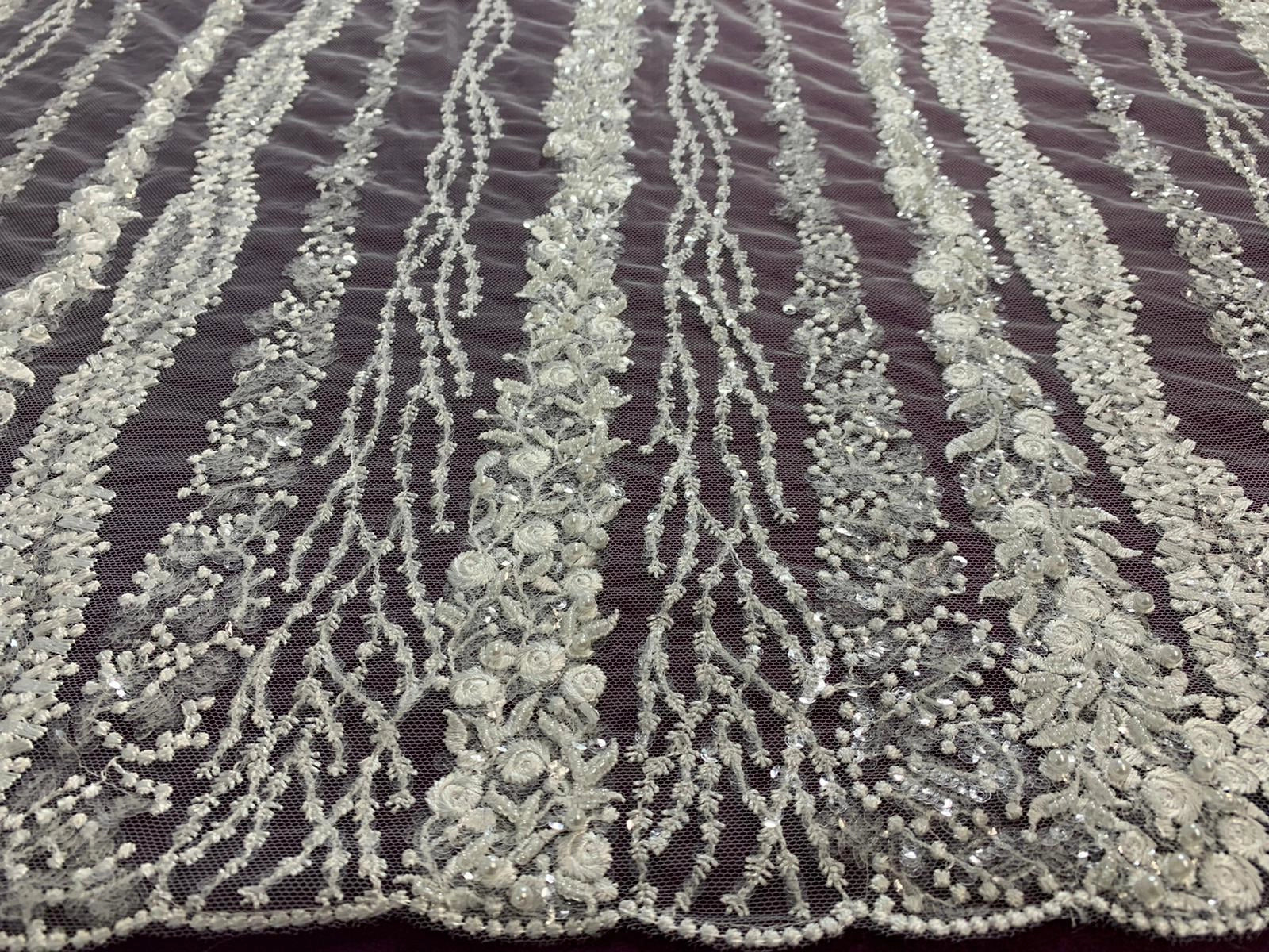Lace with a Linear Pattern with Flowers, with Sided Pearls and Sequins