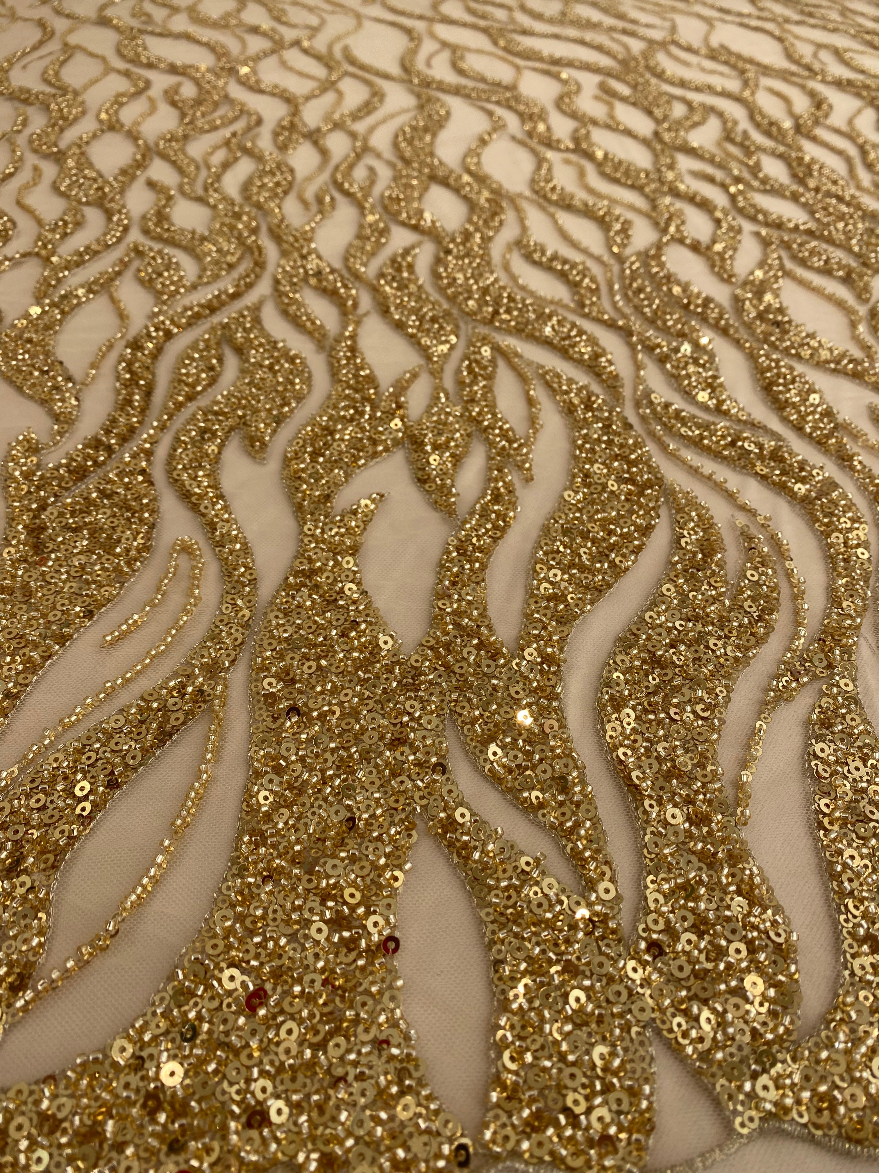 Golden Couture Lace with Strings, Beads and Sequins