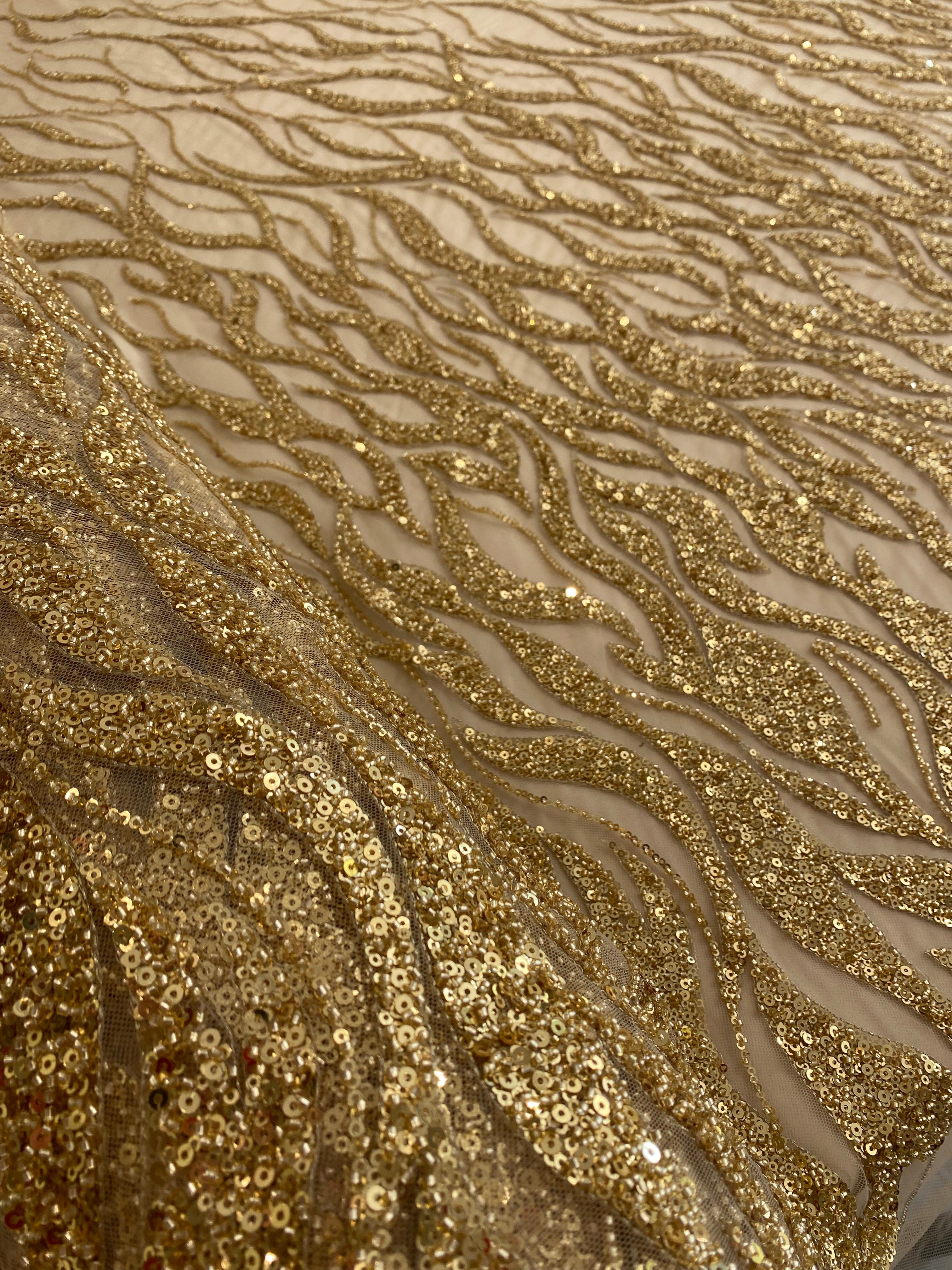 Golden Couture Lace with Strings, Beads and Sequins