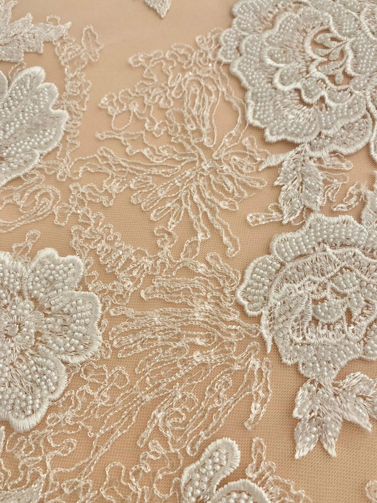 Ivory Couture Lace with Floral Pattern, Beads and Sequins