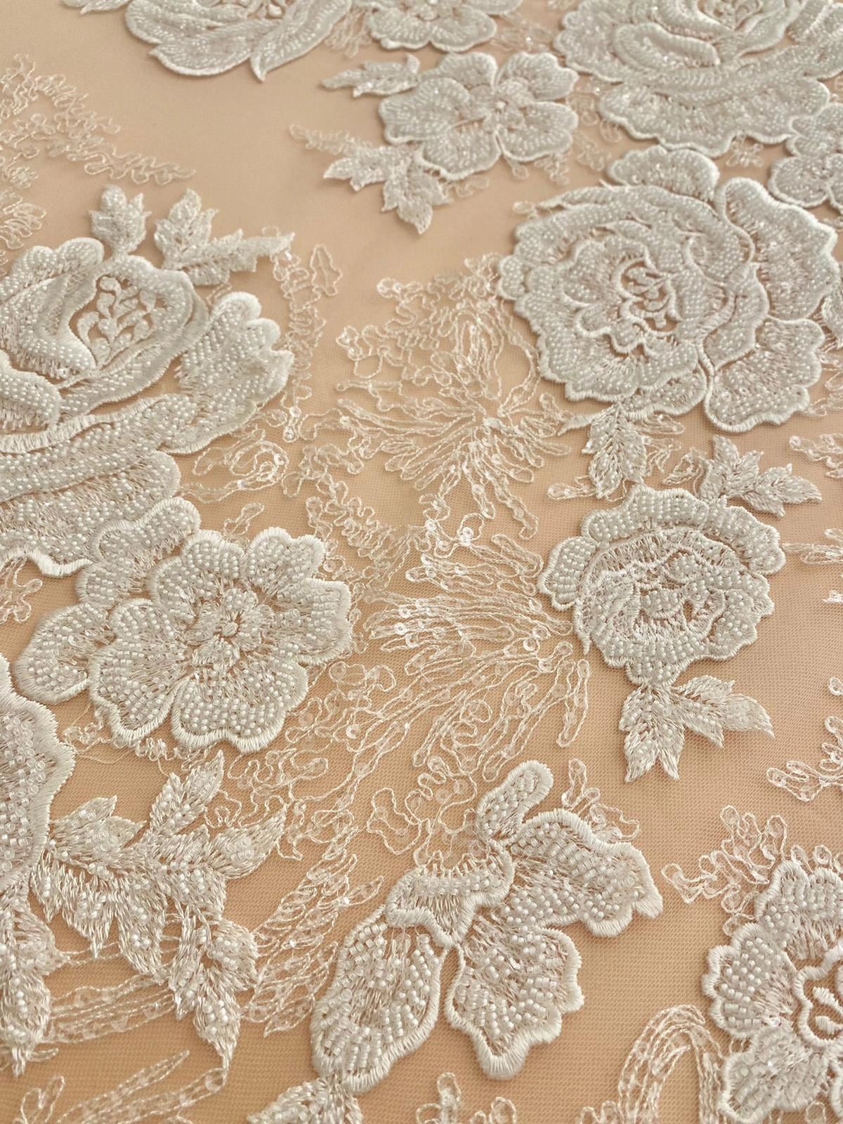 Ivory Couture Lace with Floral Pattern, Beads and Sequins